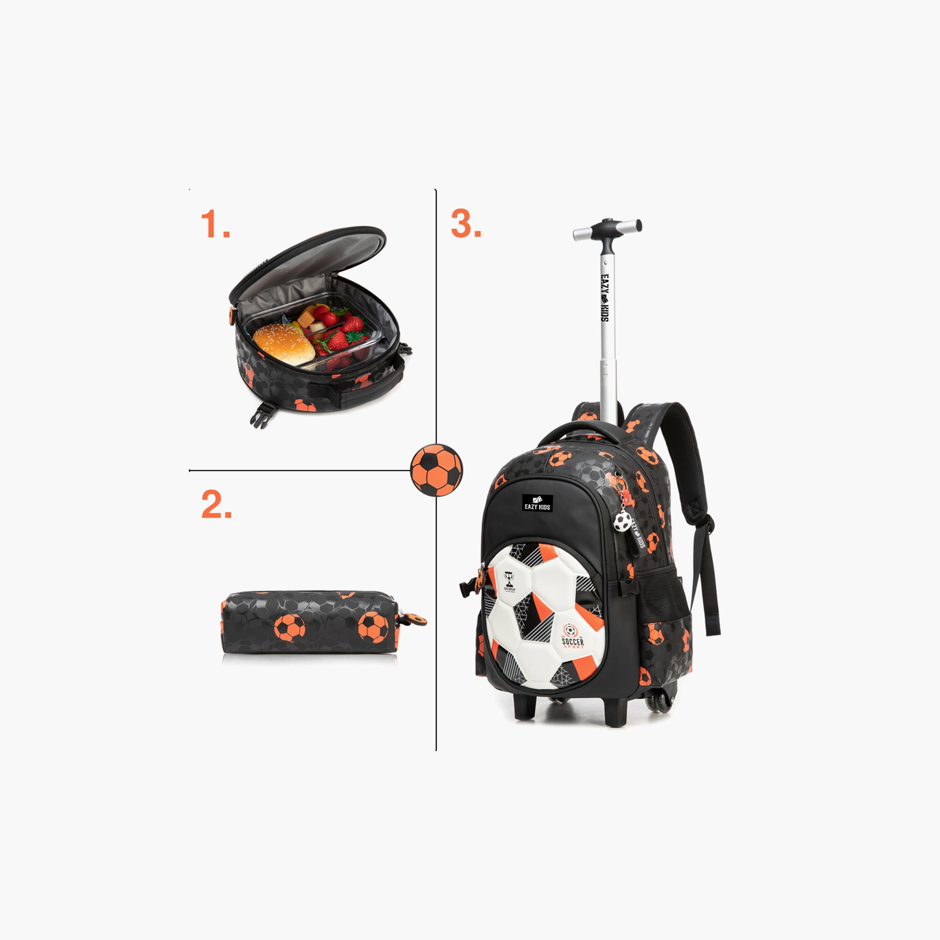 Eazy Kids Printed Trolley School Bag with Lunch Bag & Pencil Case - Football - Black - 18 Inch-school-bagsandbackpacks-trolleybags-image-4