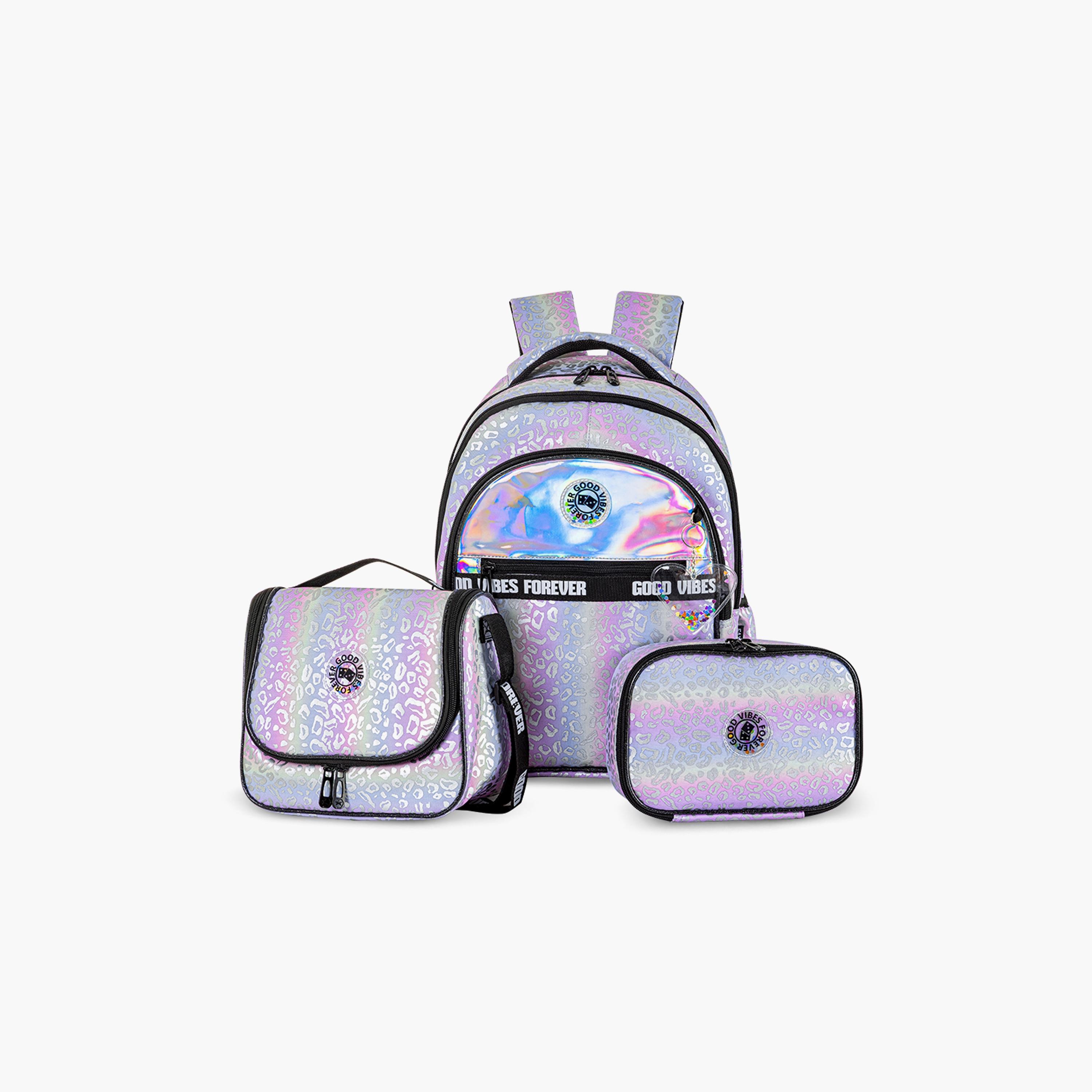 Eazy Kids Printed School Bag with Lunch Bag & Pencil Case - Good Vibes - Silver - 17 Inch-school-bagsandbackpacks-sets-image-1