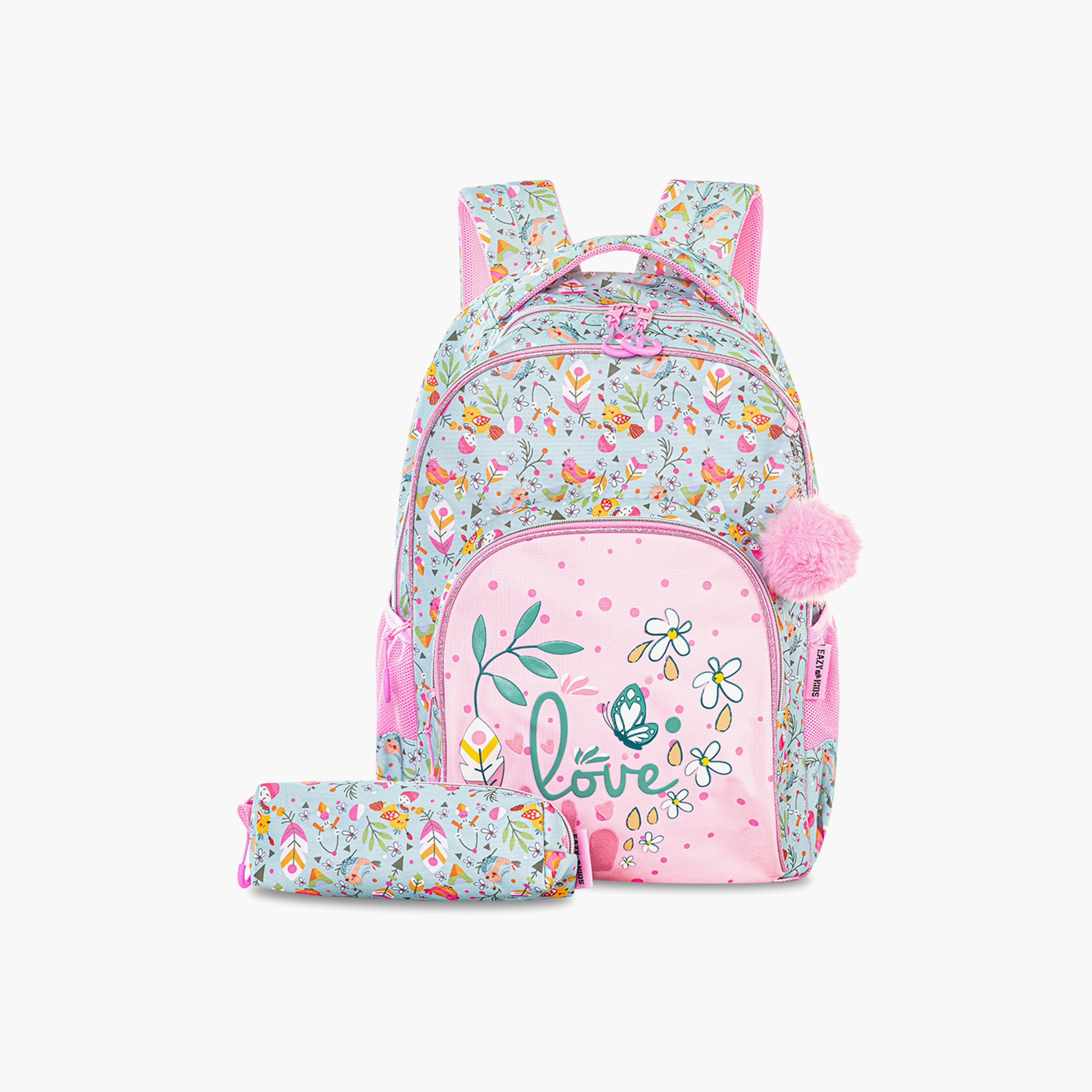Eazy Kids Printed School Bag with Pencil Pouch - Love - Pink - 17 Inch-school-bagsandbackpacks-sets-image-1