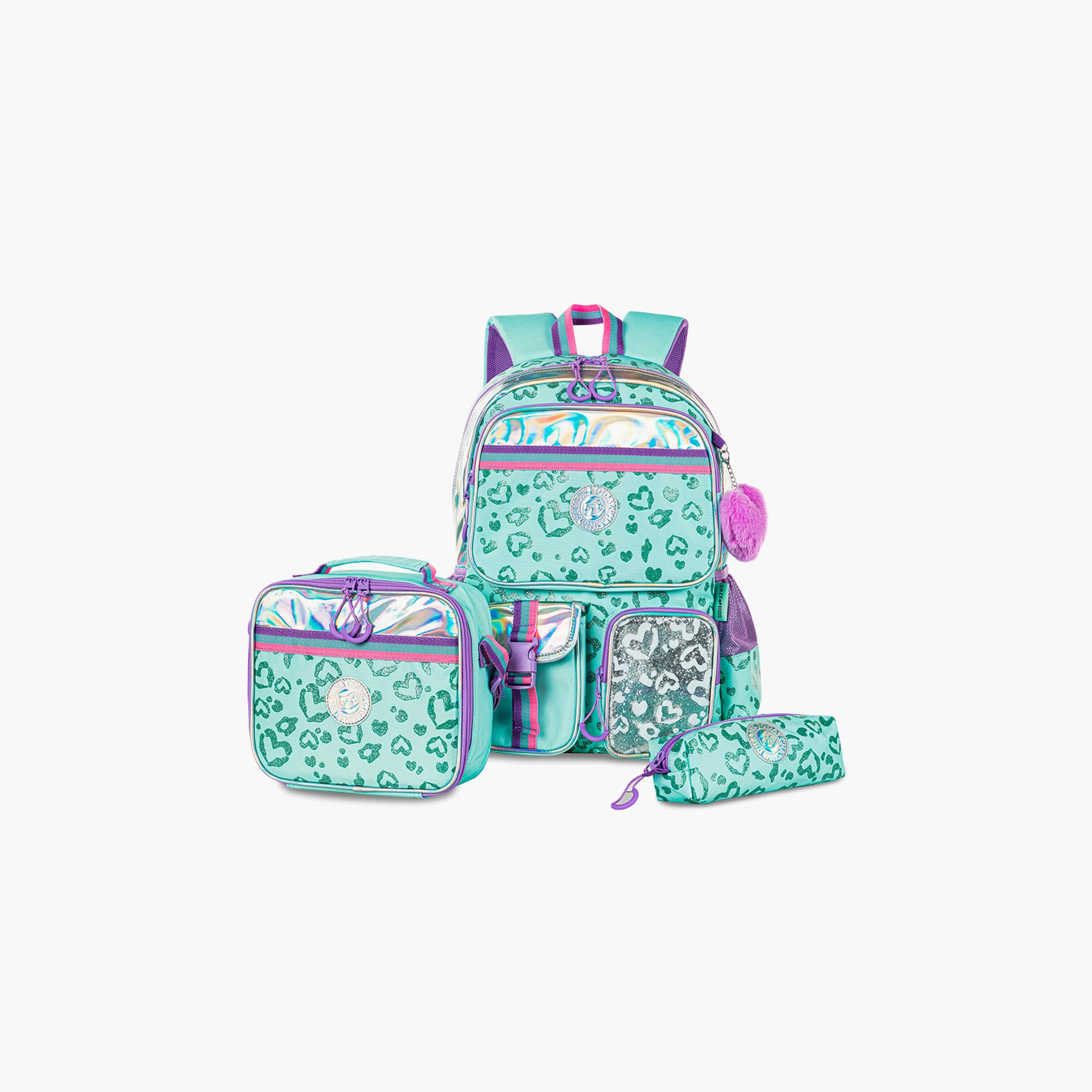 Eazy Kids Printed School Bag with Lunch Bag & Pencil Case - Love - Green - 17 Inch-school-bagsandbackpacks-sets-image-1