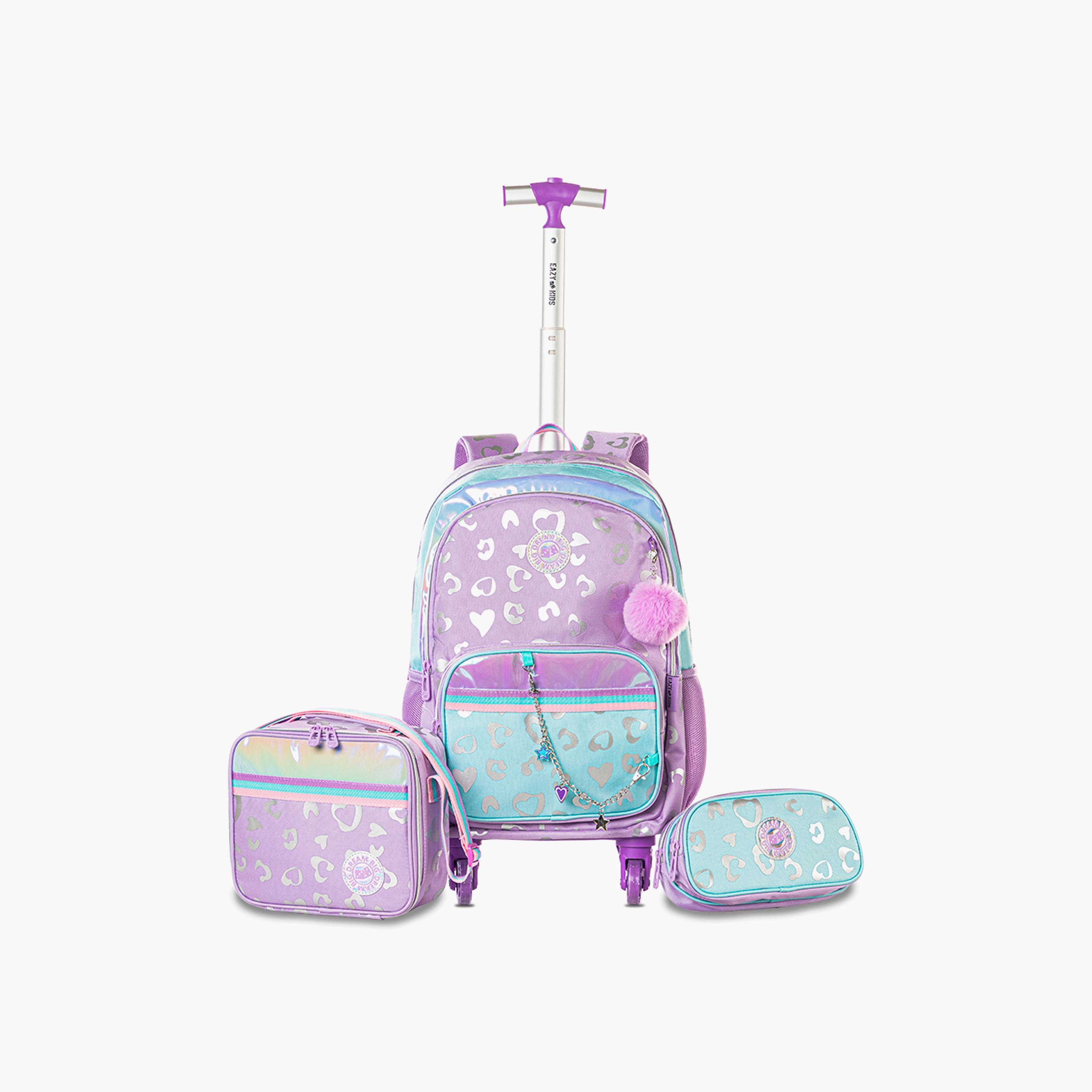 Eazy Kids 4-Wheel Trolley School Bag with Lunch Bag & Pencil Pouch - Love - Purple - 17 Inch-school-bagsandbackpacks-trolleybags-image-1