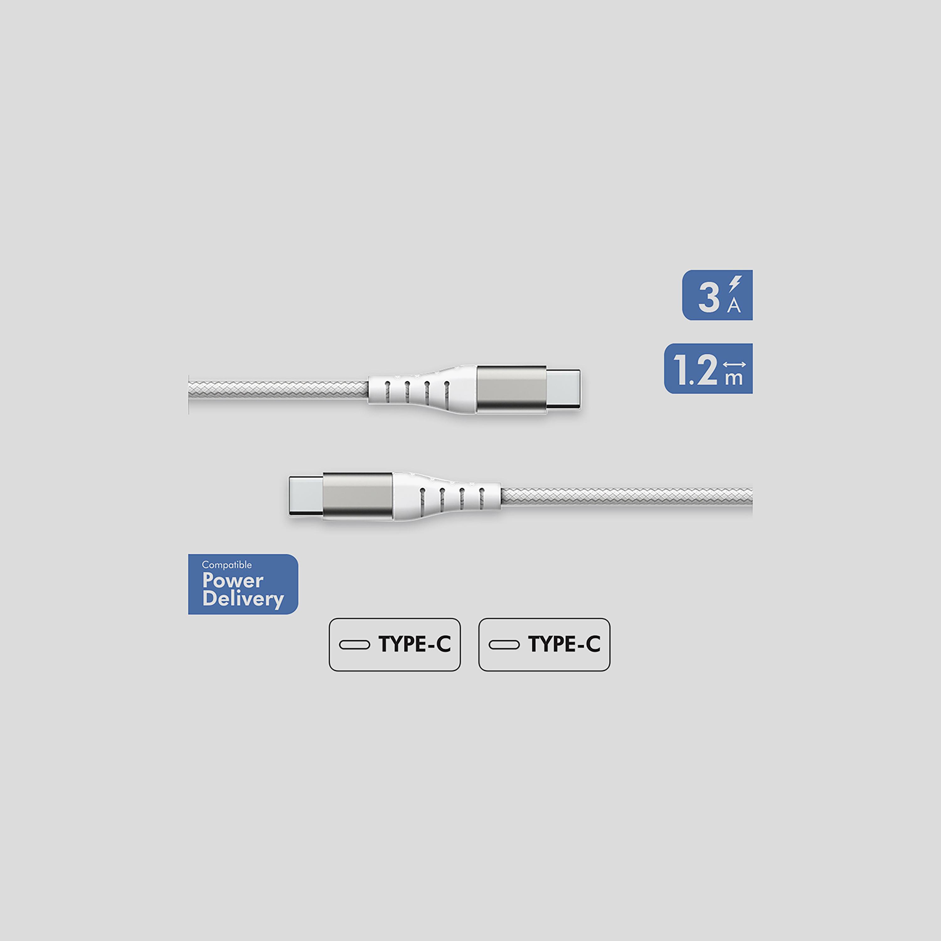 Force Power Lite Reinforced USB C-USB C Cable 1.2M 3A White|FPLICC1M2RW-electronics-accessories-mobileaccesories-image-1