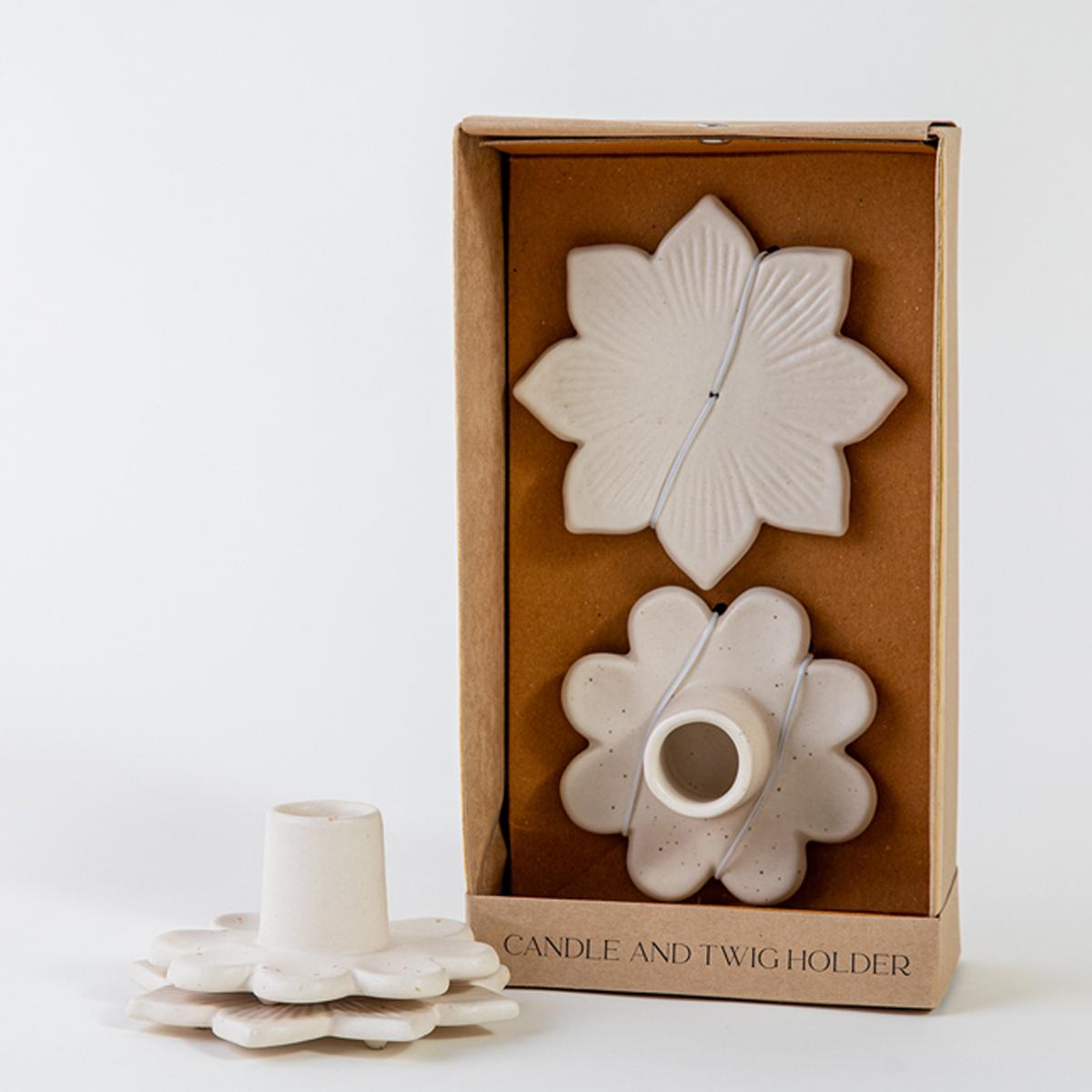 Ceramic 2-Piece Candleholder and Twig Holder Set