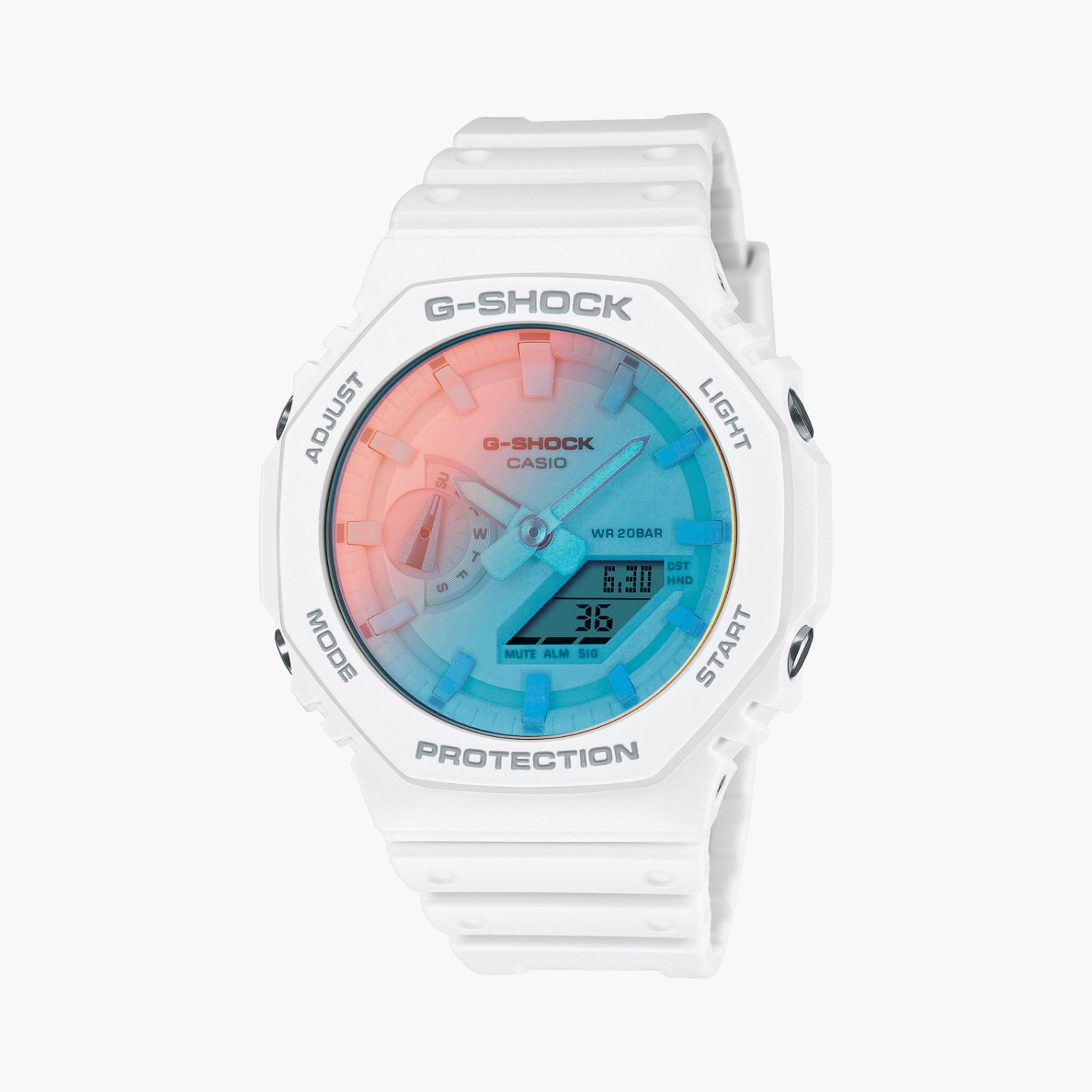 كاسيو جي-شوك ساعة رجالية 45 مم بيضاء بعقارب ورقمية بسوار سيليكون | GA-2100TL-7ADR-men-watchesandjewellery-watches-image-1