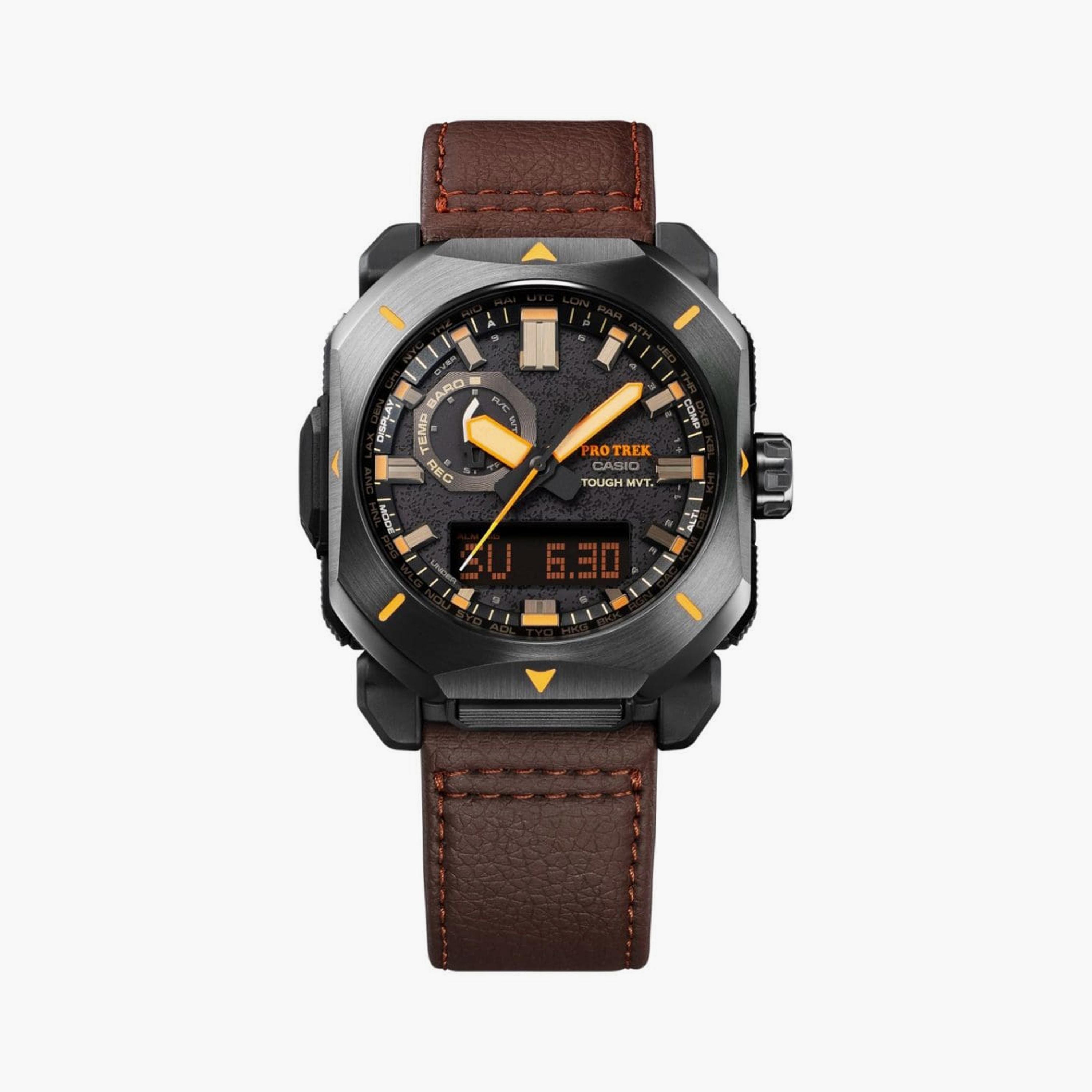 كاسيو ساعة رجالية 45 مم بنية بعقارب ورقمية بسوار جلد | PRW-6900YL-5DR-men-watchesandjewellery-watches-image-1