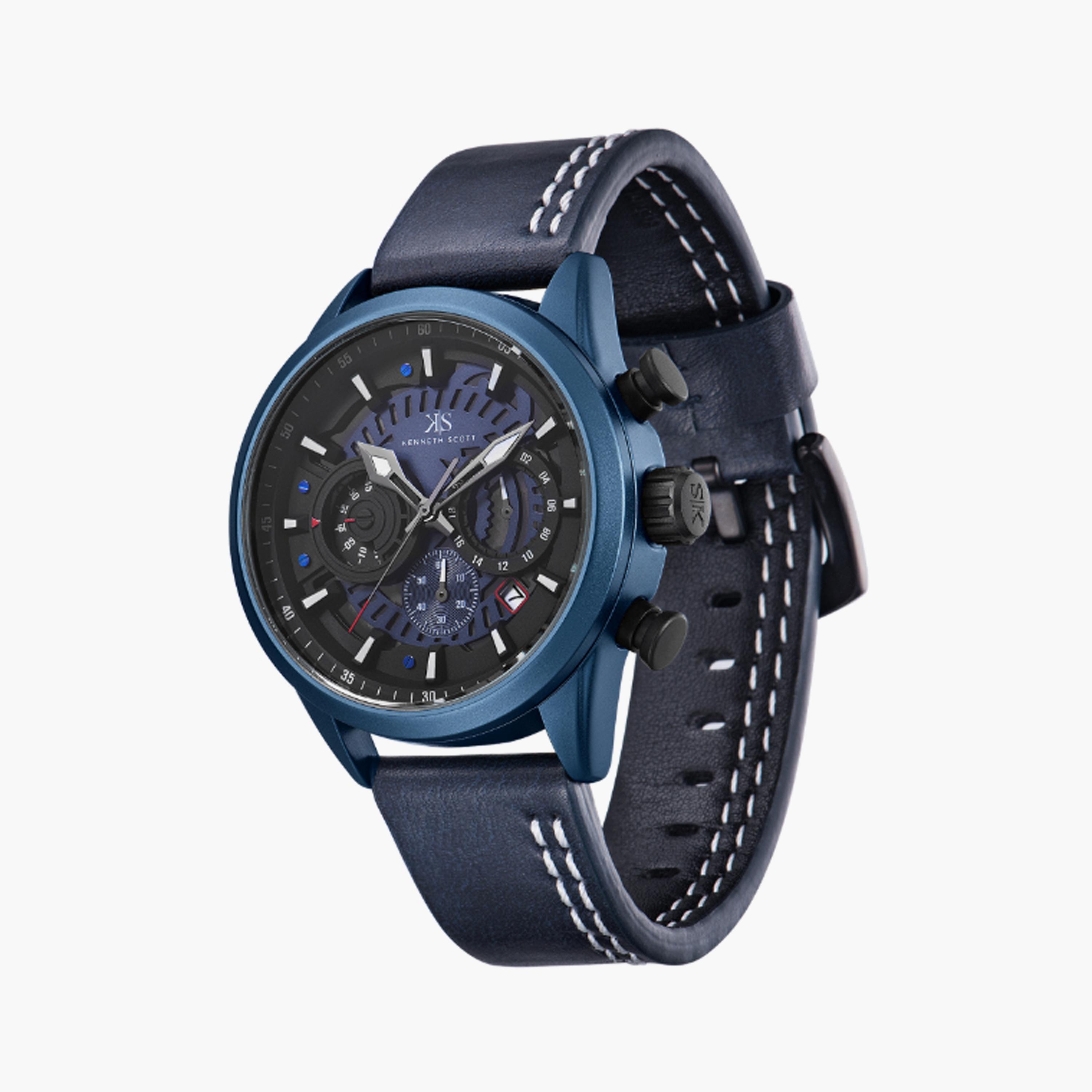 Kenneth Scott Men's 44 MM Blue Chronograph Leather Watch | K25107-LLLB-men-watchesandjewellery-watches-image-2