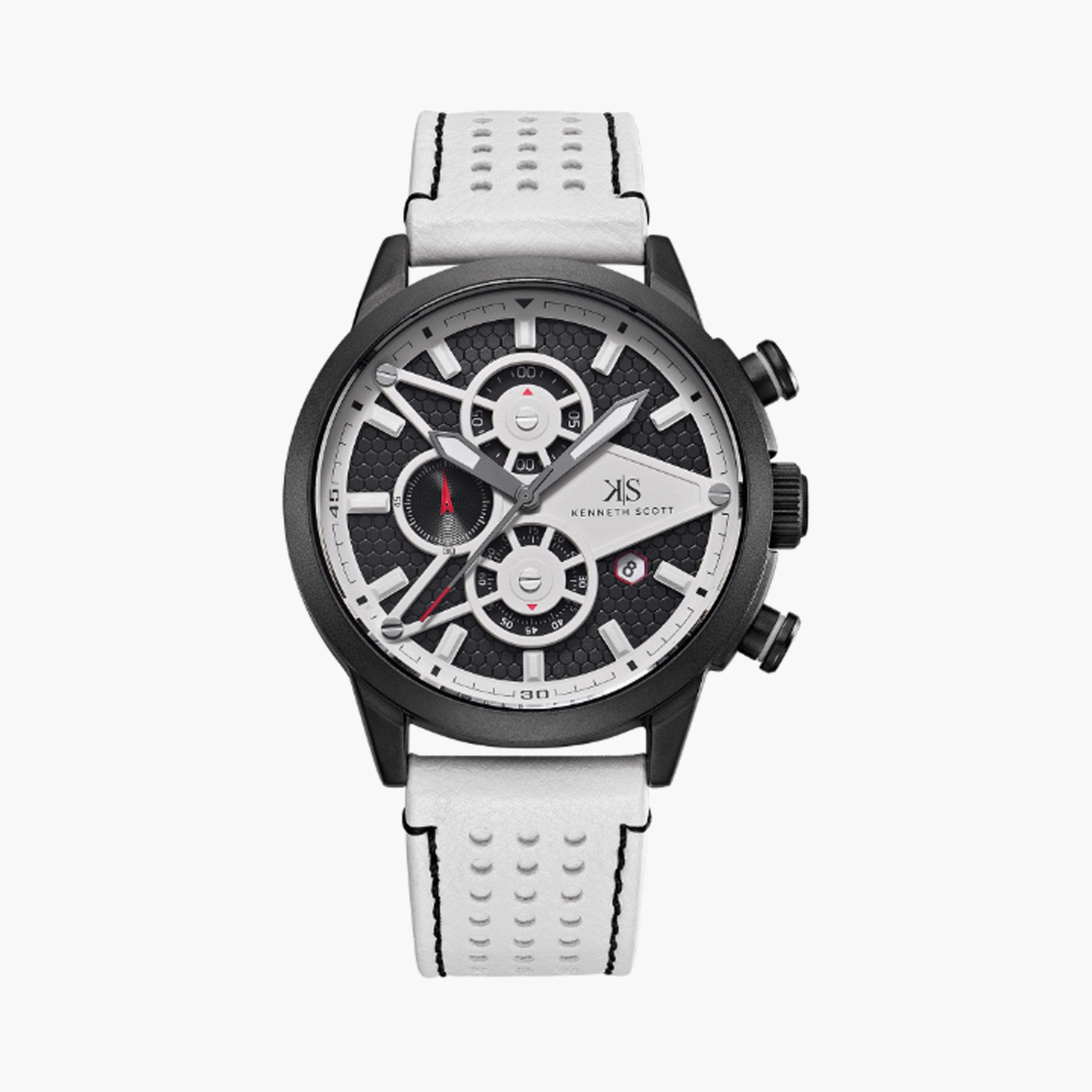 Kenneth Scott Men's 45 MM White Chronograph Leather Watch | K25108-BLWB-men-watchesandjewellery-watches-image-1