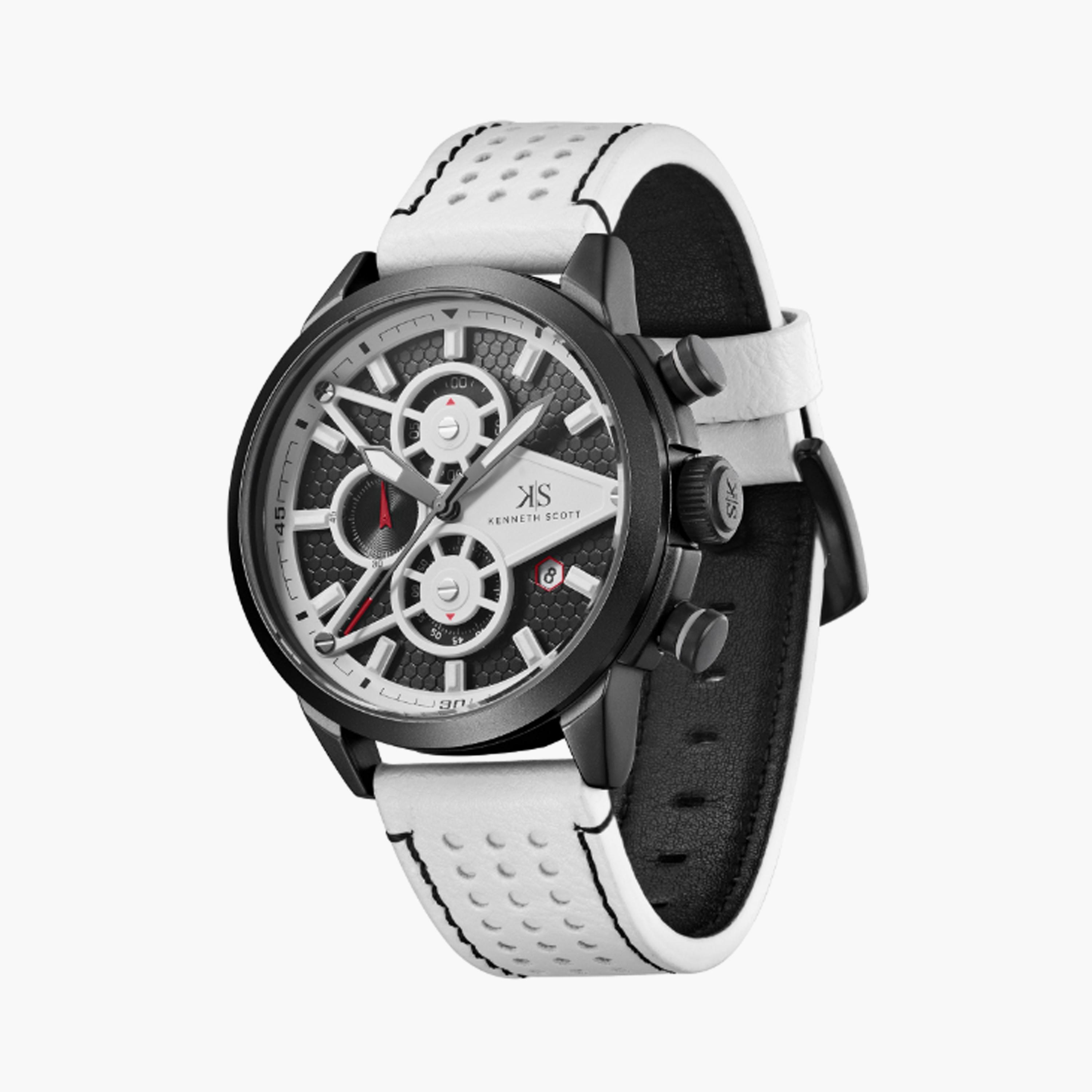 Kenneth Scott Men's 45 MM White Chronograph Leather Watch | K25108-BLWB-men-watchesandjewellery-watches-image-2