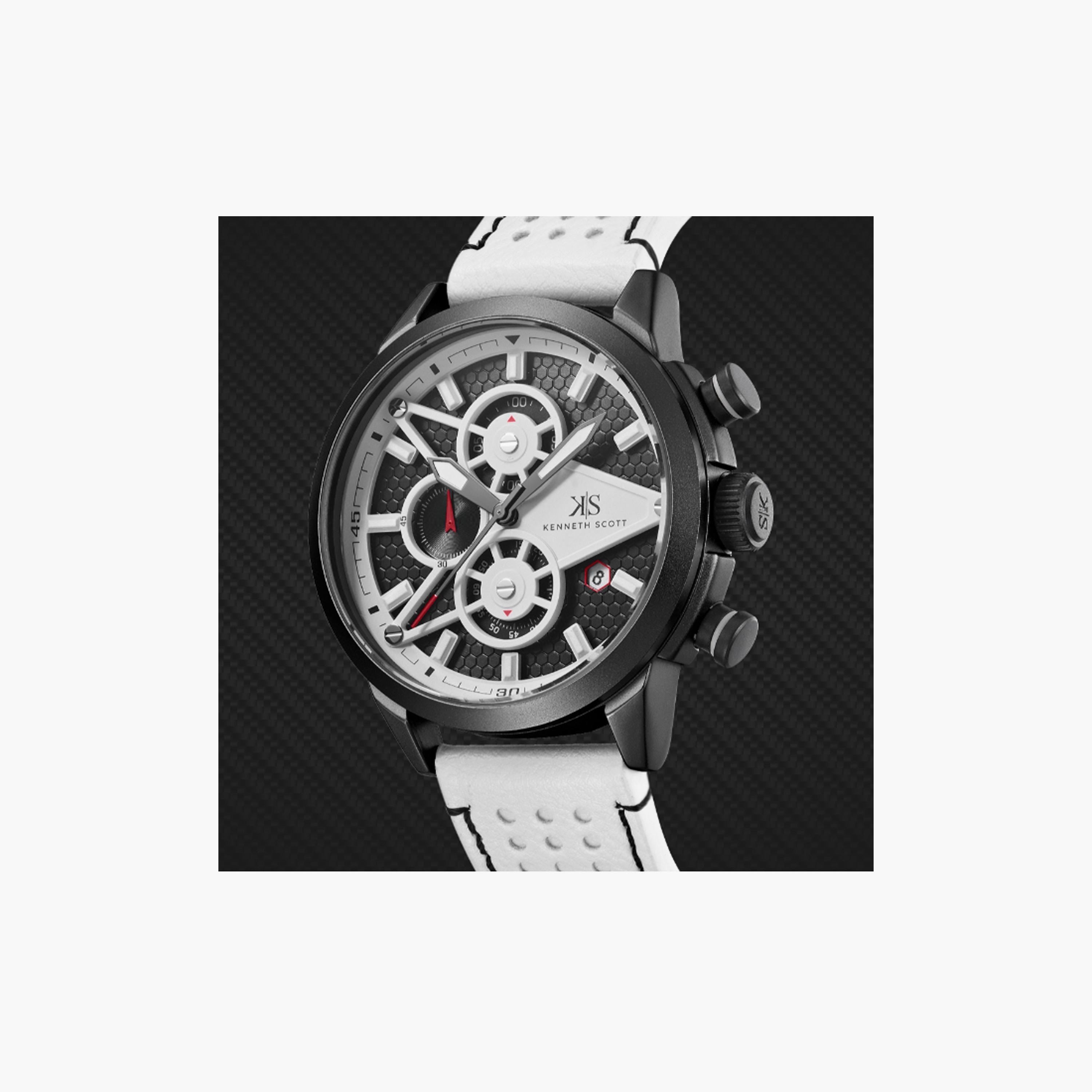 Kenneth Scott Men's 45 MM White Chronograph Leather Watch | K25108-BLWB-men-watchesandjewellery-watches-image-4