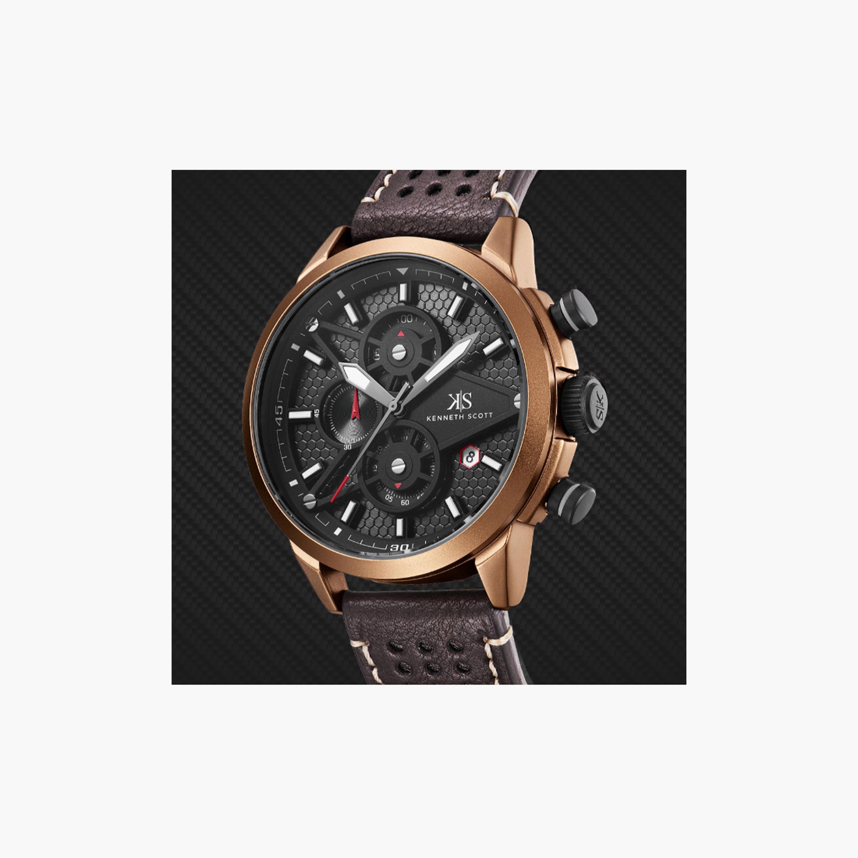 Kenneth Scott Men's 45 MM Brown Chronograph Leather Watch | K25108-DLDB-men-watchesandjewellery-watches-image-4