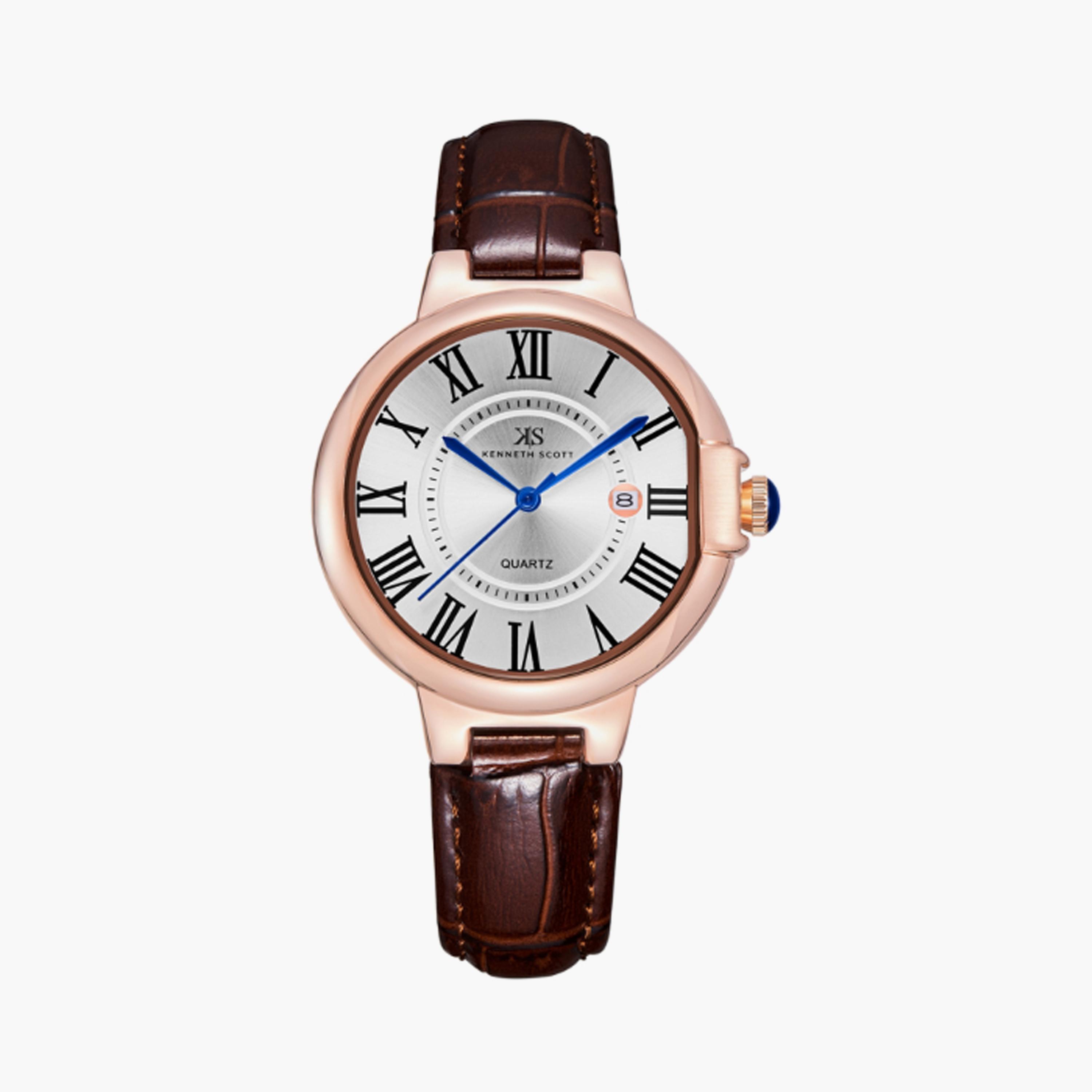 K23553-RLDW | ساعة حريمي أنالوج من كينيث سكوت من الجلد الطبيعي بني داكن مقاس 32 مم-women-watchesandjewellery-watches-image-1