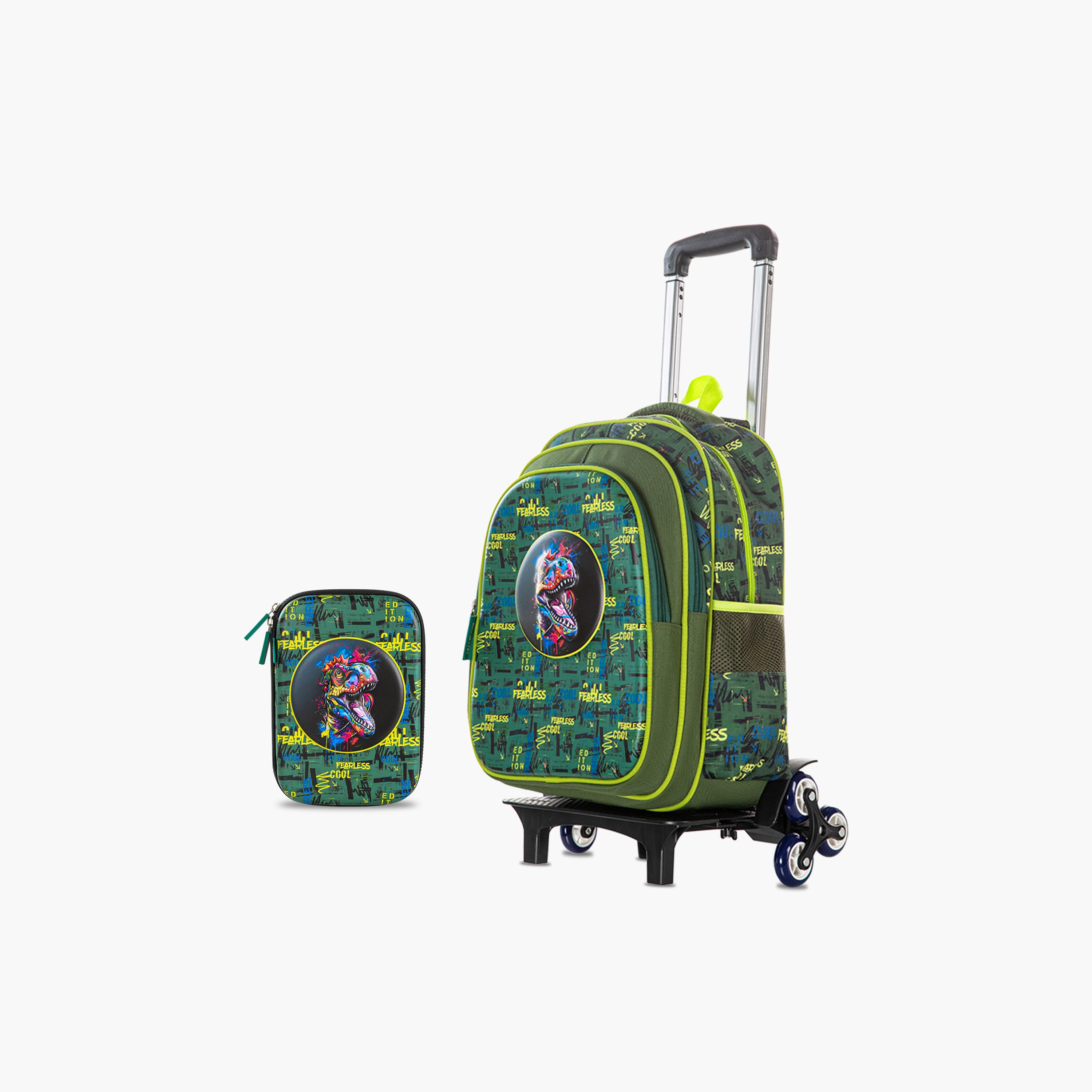 Eazy Kids School Bag with Trolley & Pencil Case - 16 Inch - Dino - Green-school-bagsandbackpacks-trolleybags-image-1