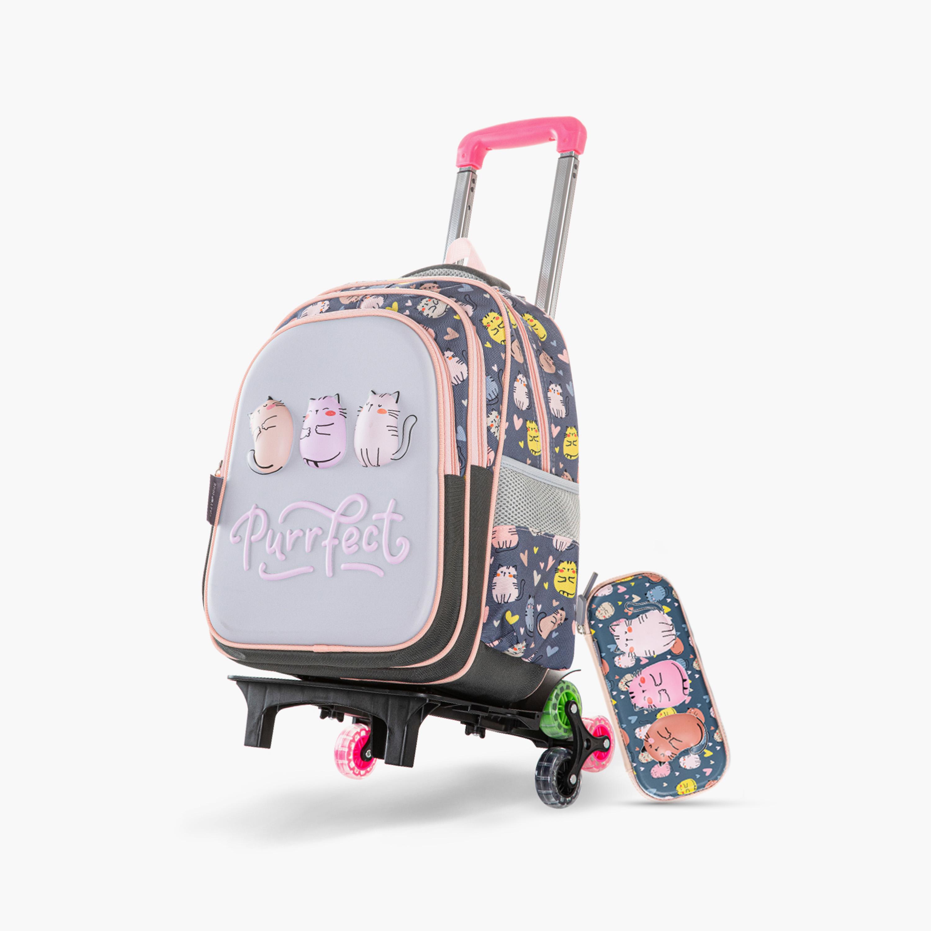 Eazy Kids School Bag with Trolley & Pencil Case - 16 Inch - Purrfect - Grey-school-bagsandbackpacks-trolleybags-image-1