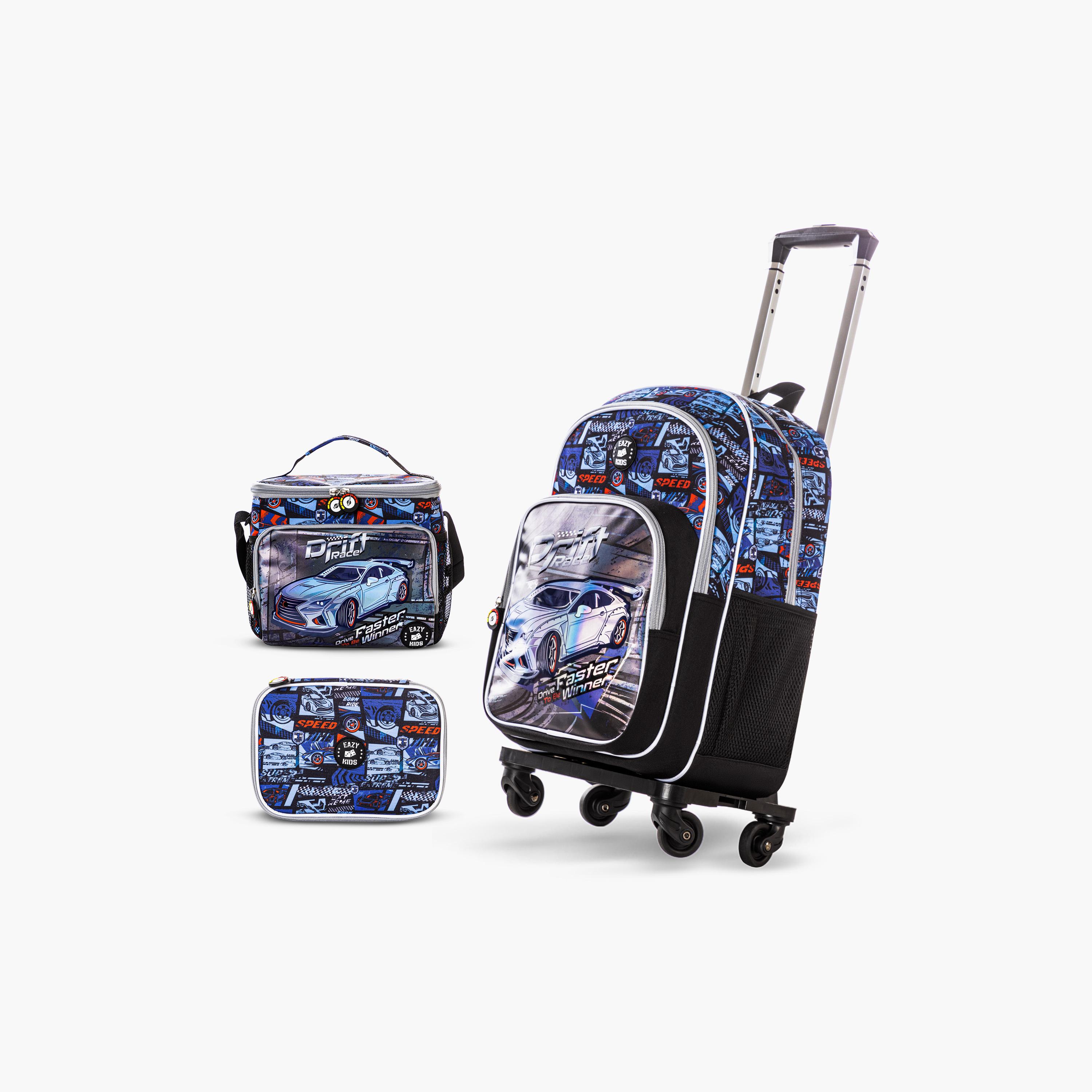 Eazy Kids 4-Piece Backpack with Trolley, Lunch Bag & Pencil Case - 18 Inch - Car Racing - Blue-school-bagsandbackpacks-trolleybags-image-1
