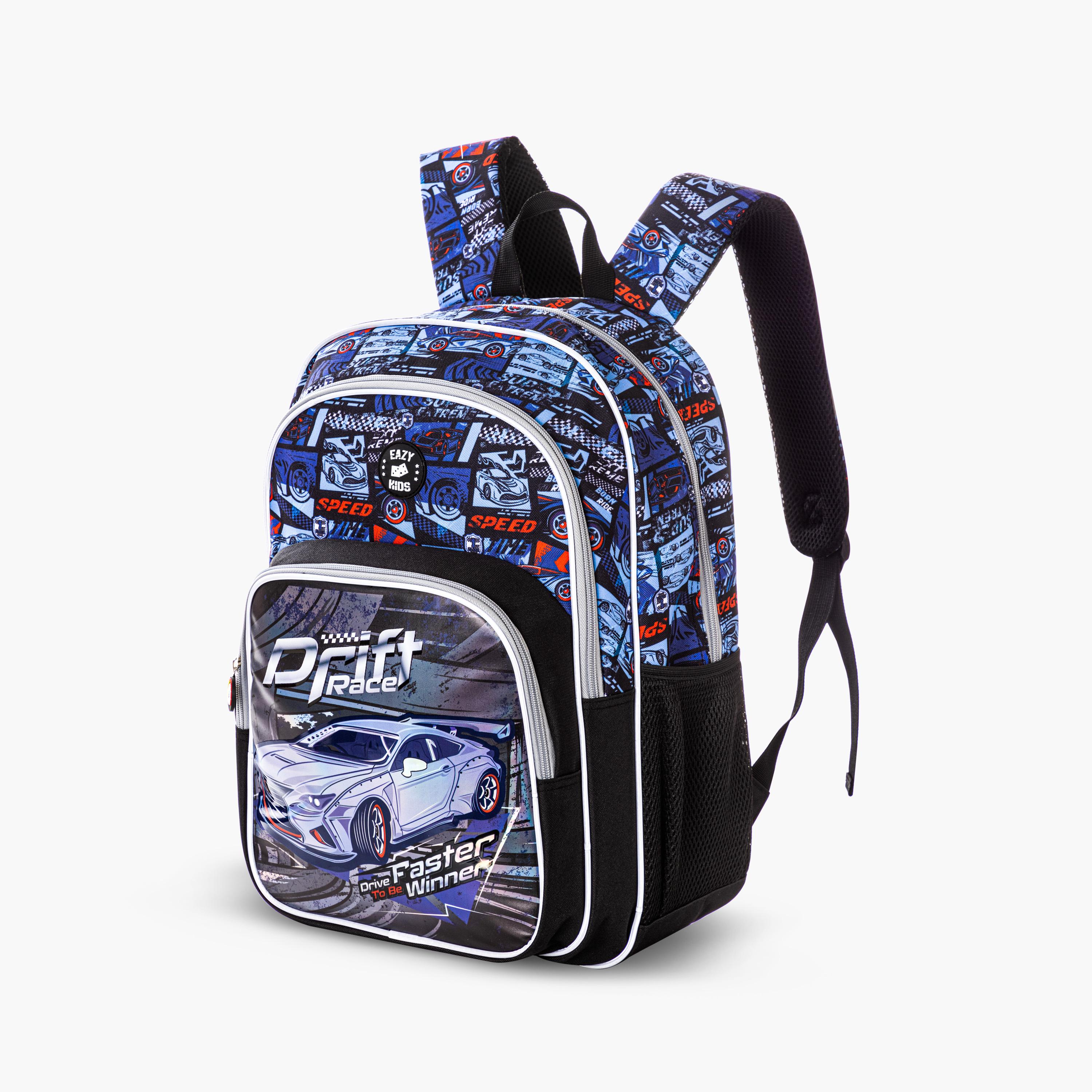 Eazy Kids 4-Piece Backpack with Trolley, Lunch Bag & Pencil Case - 18 Inch - Car Racing - Blue-school-bagsandbackpacks-trolleybags-image-9