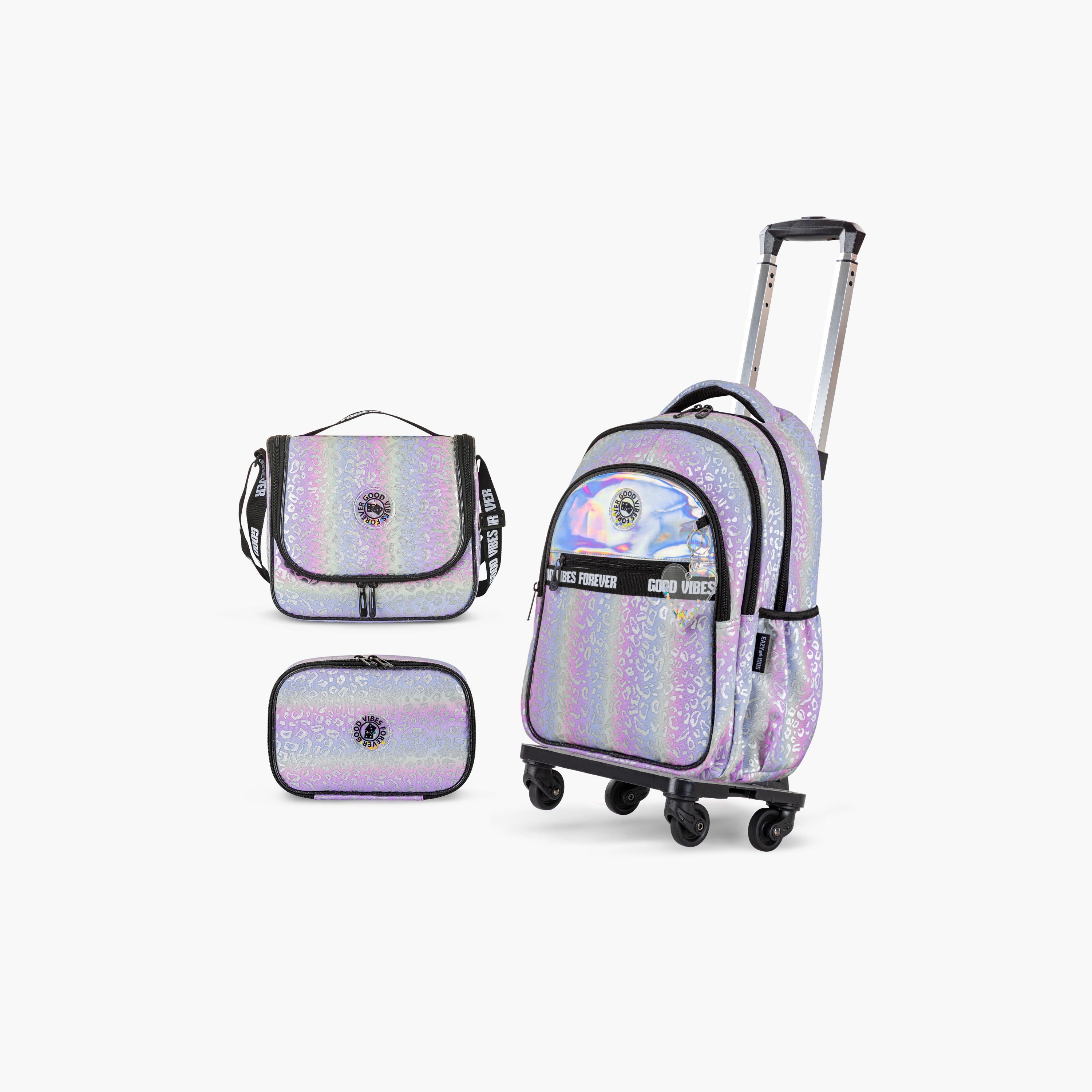 Eazy Kids School Bag with Trolley, Lunch Bag & Pencil Case - 17 Inch - Good Vibes - Silver-school-bagsandbackpacks-trolleybags-image-1