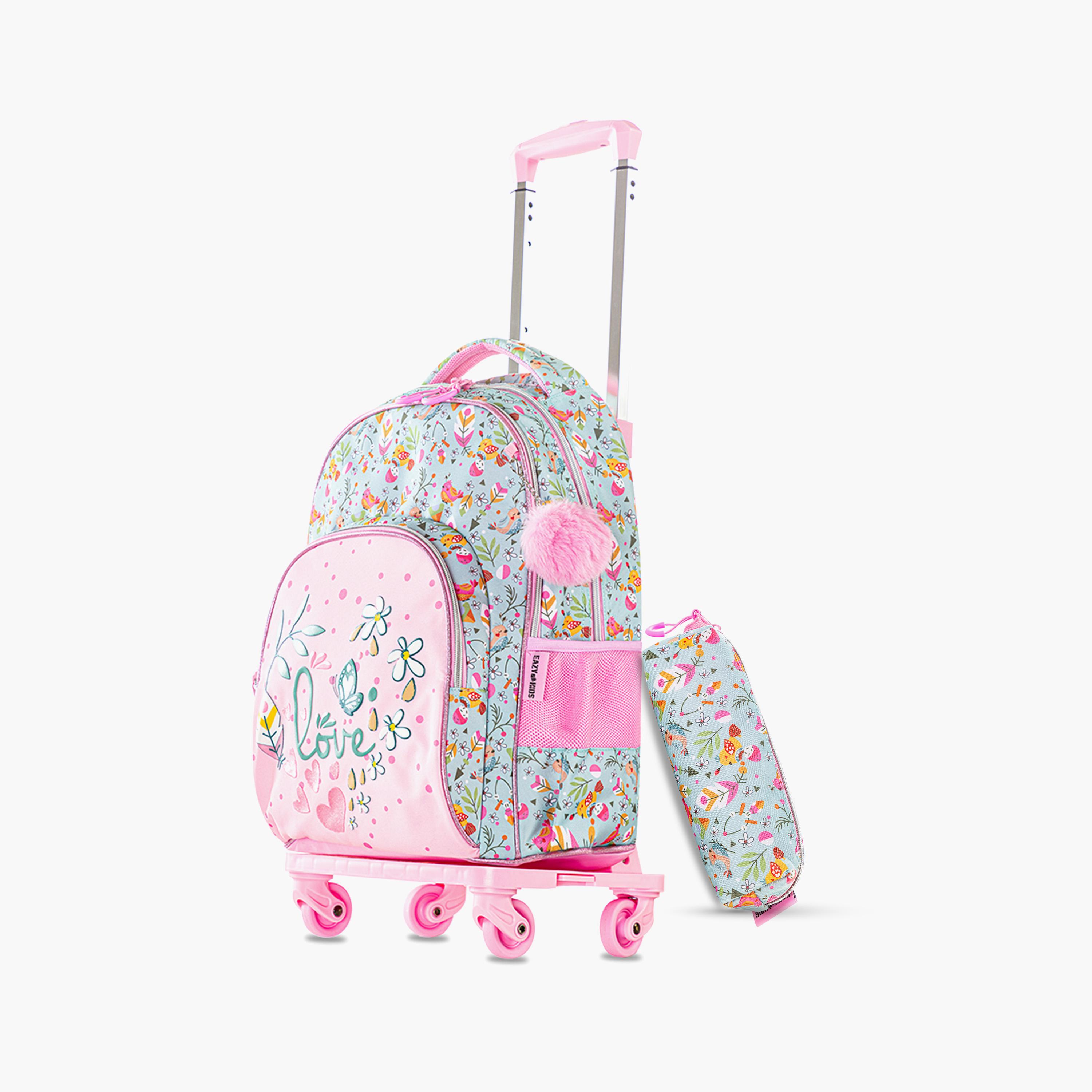 Eazy Kids School Bag with Trolley & Pencil Pouch - 17 Inch - Love - Pink-school-bagsandbackpacks-trolleybags-image-1