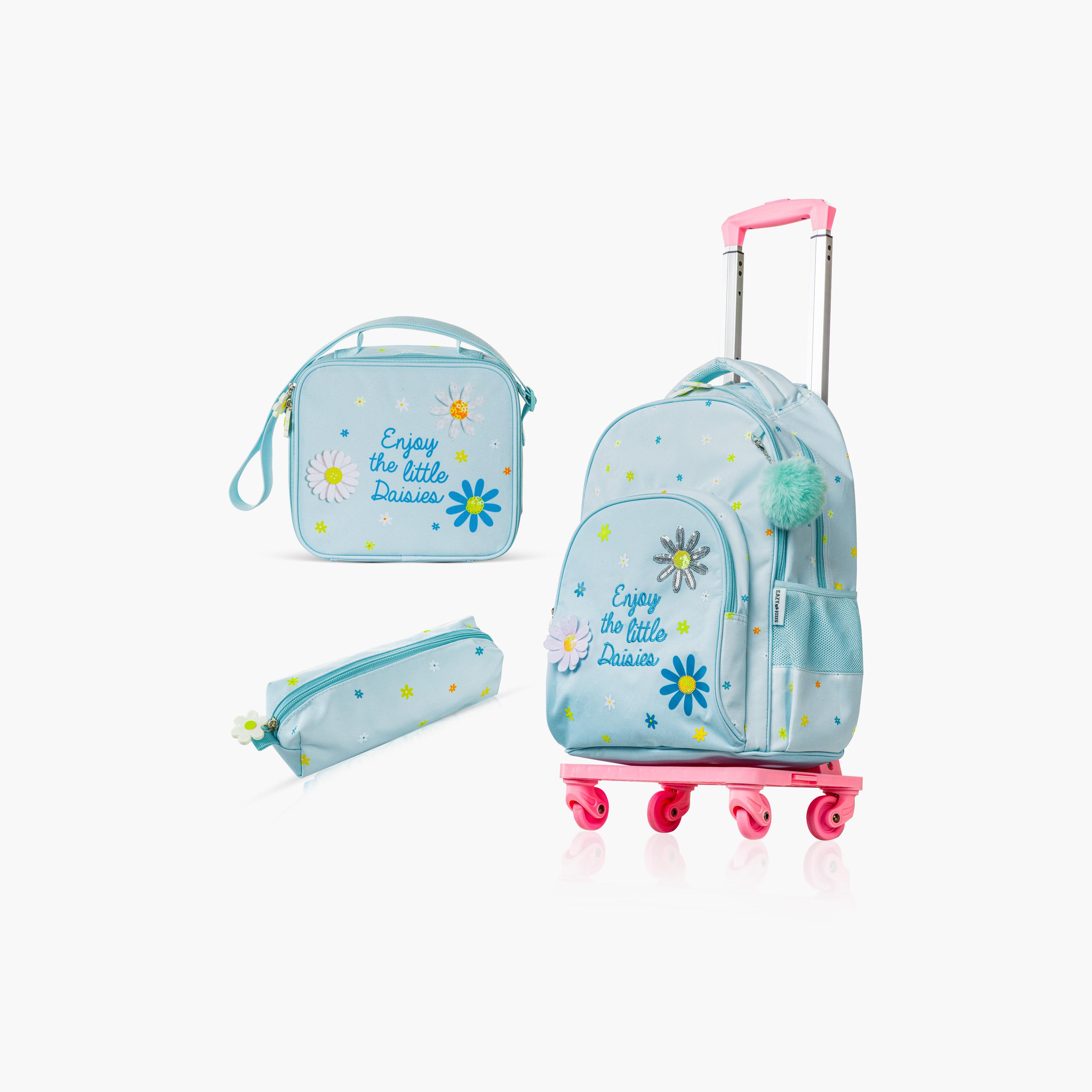Eazy Kids School Bag with Trolley, Lunch Bag & Pencil Pouch - 17 Inch - Little Daisy - Green-school-bagsandbackpacks-trolleybags-image-1