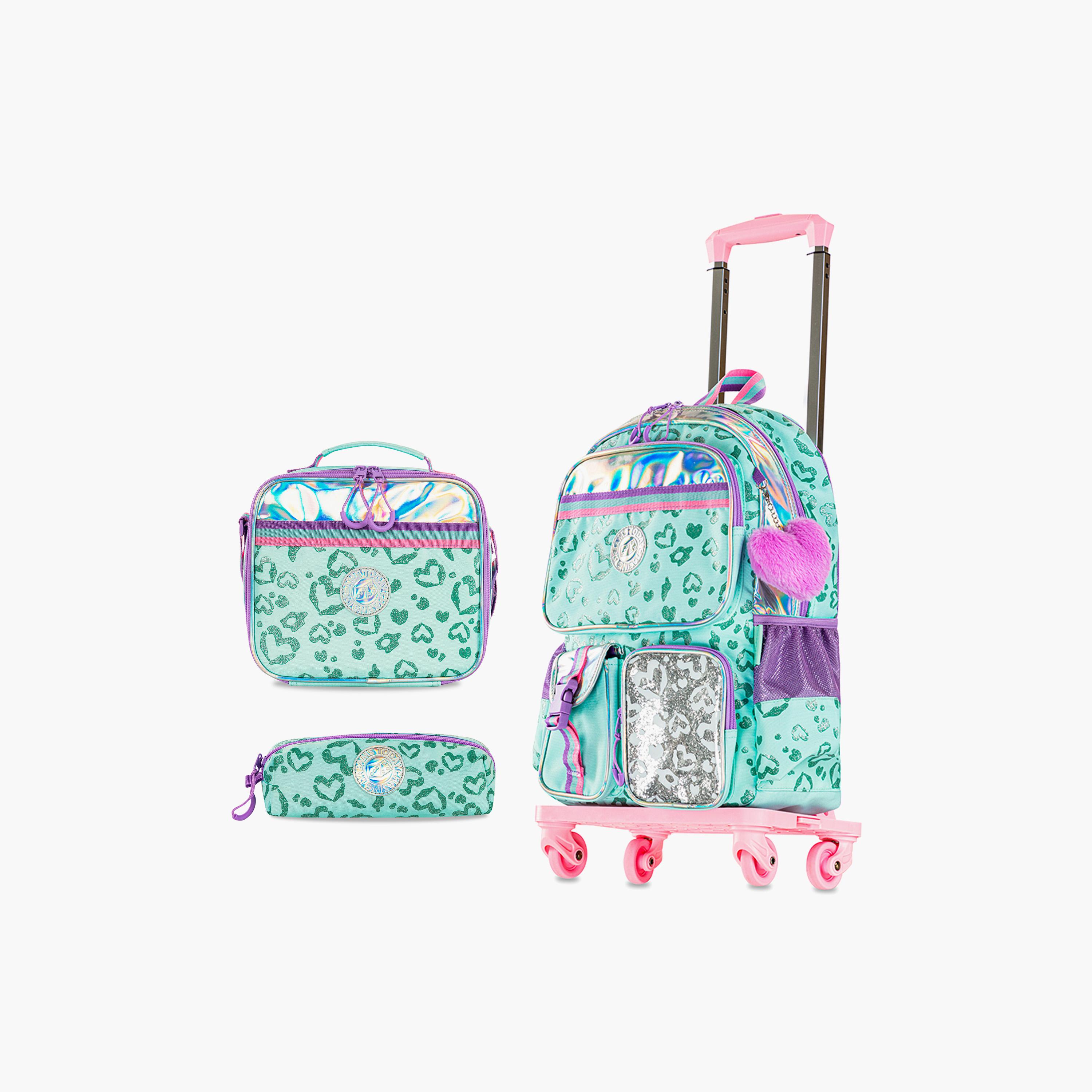 Eazy Kids School Bag with Trolley, Lunch Bag & Pencil Pouch - 17 Inch - Love - Green-school-bagsandbackpacks-trolleybags-image-1