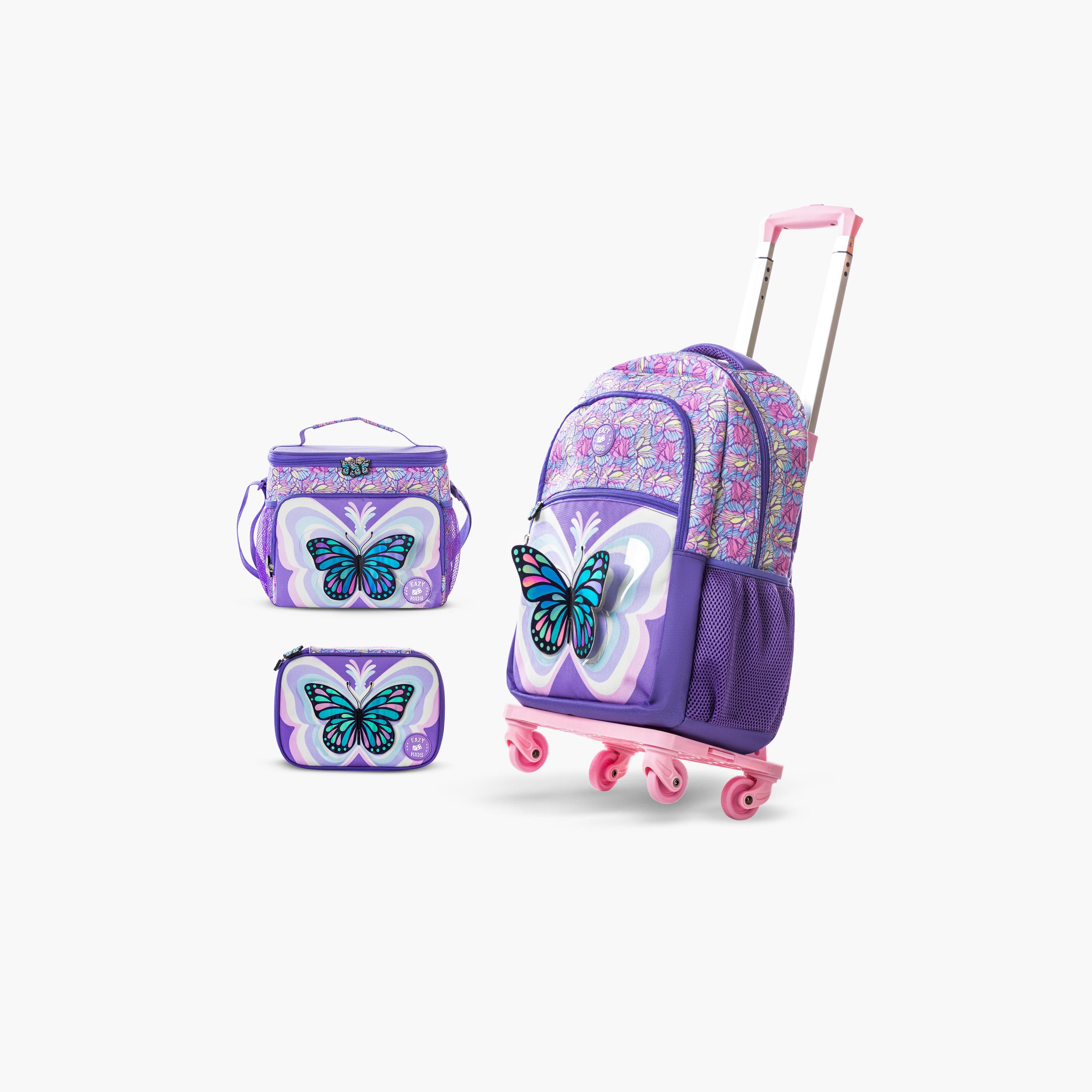 Eazy Kids 4-Piece Backpack with Trolley, Lunch Bag & Pencil Case - 18 Inch - 3D Butterfly - Purple-school-bagsandbackpacks-trolleybags-image-1