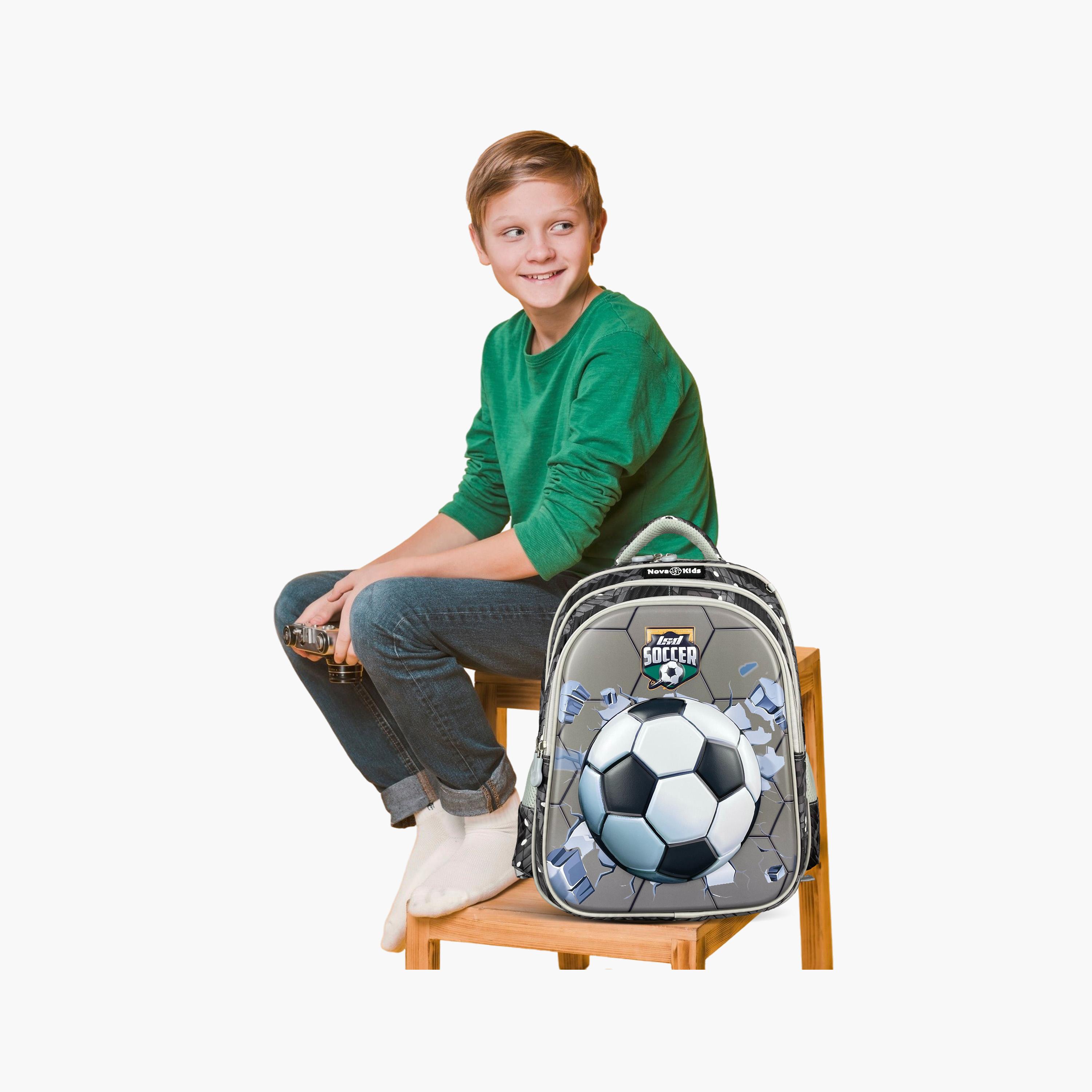 حقيبة مدرسية ثلاثية الأبعاد من نوفا كيدز مع عربة - 16.5 بوصة - كرة قدم - رمادي-school-bagsandbackpacks-trolleybags-image-1