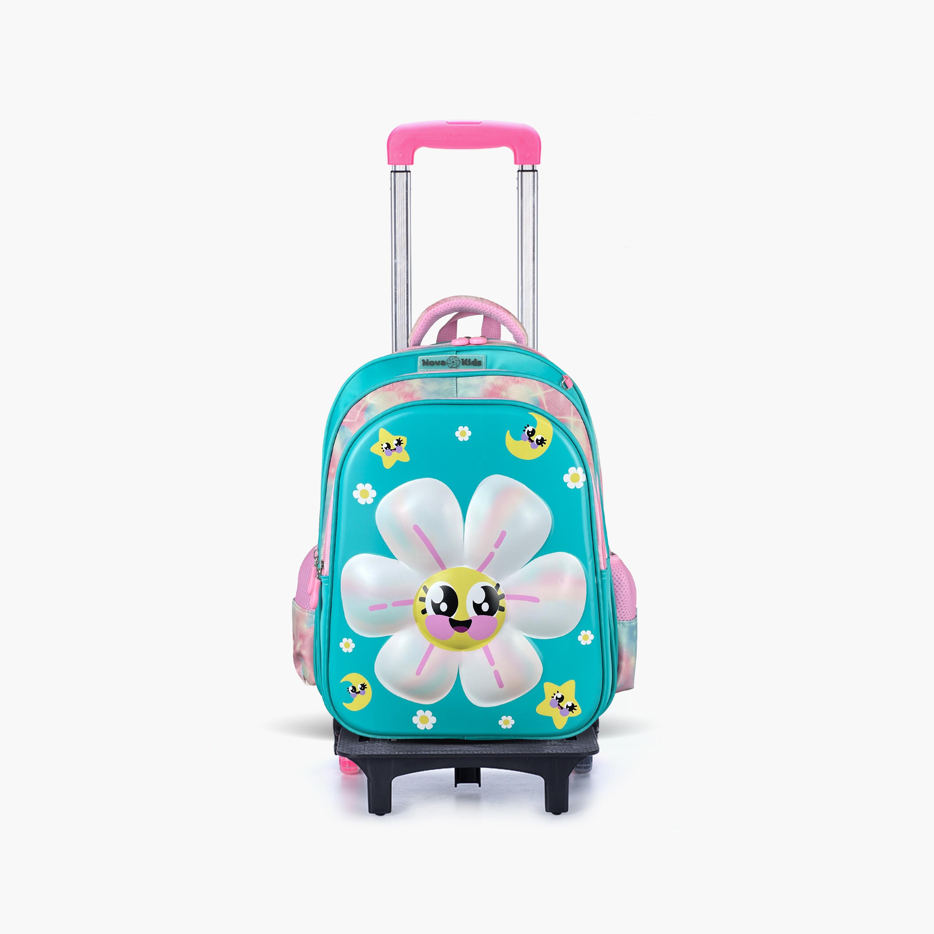 Nova Kids 3D School Bag with Trolley - 16.5 Inch - Daisy - Green-school-bagsandbackpacks-trolleybags-image-1