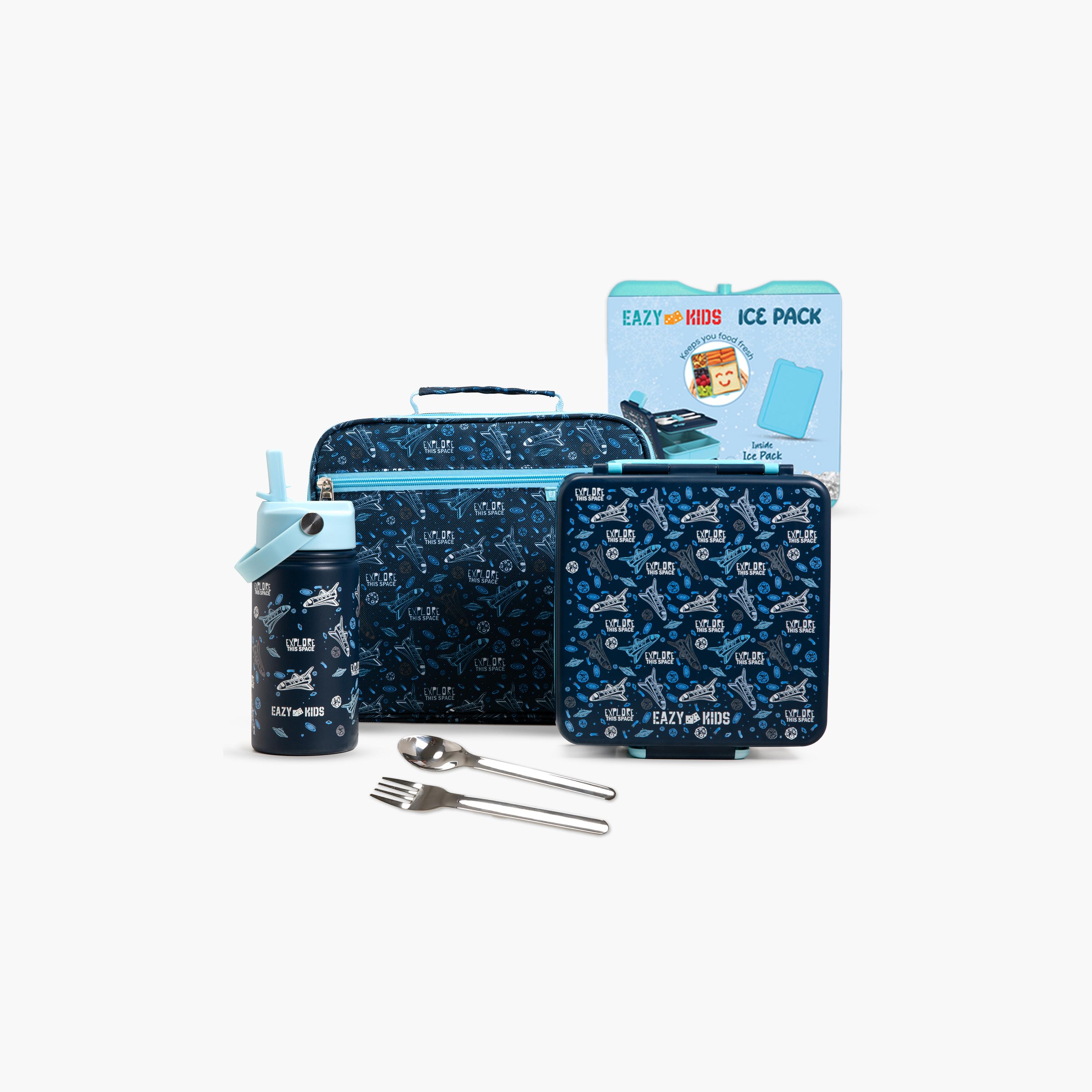 Eazy Kids Jumbo Bento Lunch Box with Water Bottle, Lunch Bag & Accessories Set - Aircraft - Blue-school-lunchessentials-lunchbags-image-1