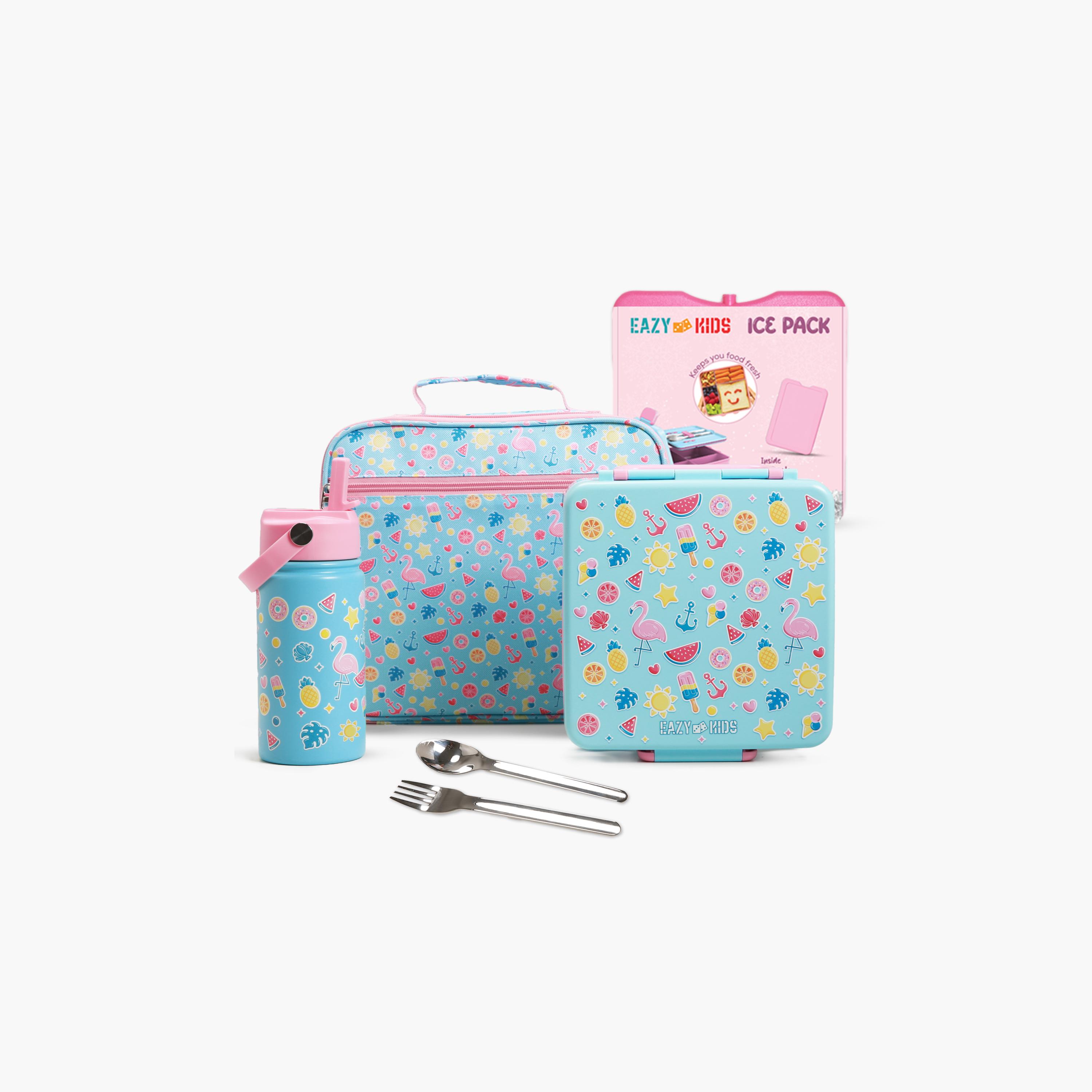 Eazy Kids Jumbo Bento Lunch Box with Water Bottle, Lunch Bag & Accessories Set - Flamingo - Pink-school-lunchessentials-lunchbags-image-1