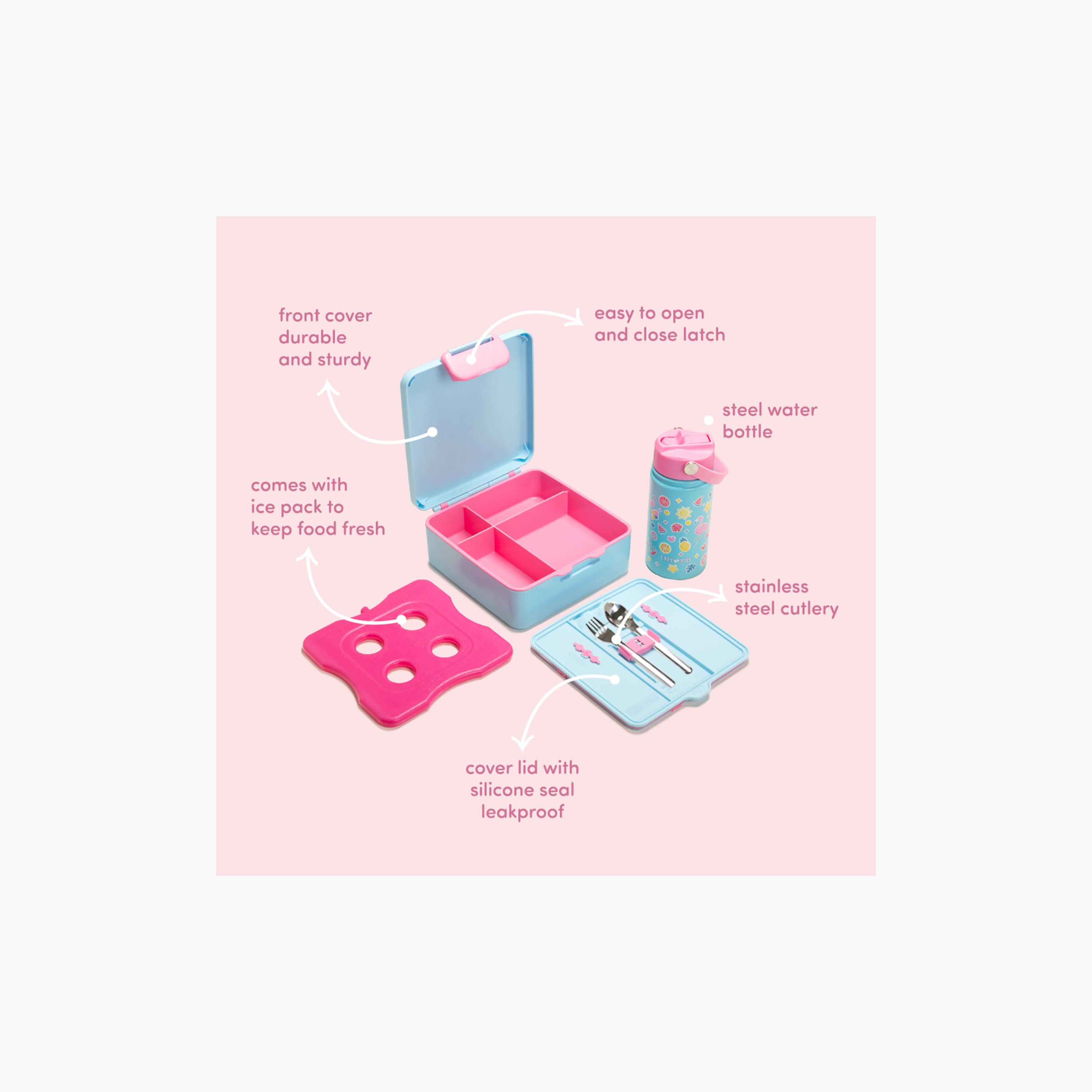 Eazy Kids Jumbo Bento Lunch Box with Water Bottle, Lunch Bag & Accessories Set - Flamingo - Pink-school-lunchessentials-lunchbags-image-15