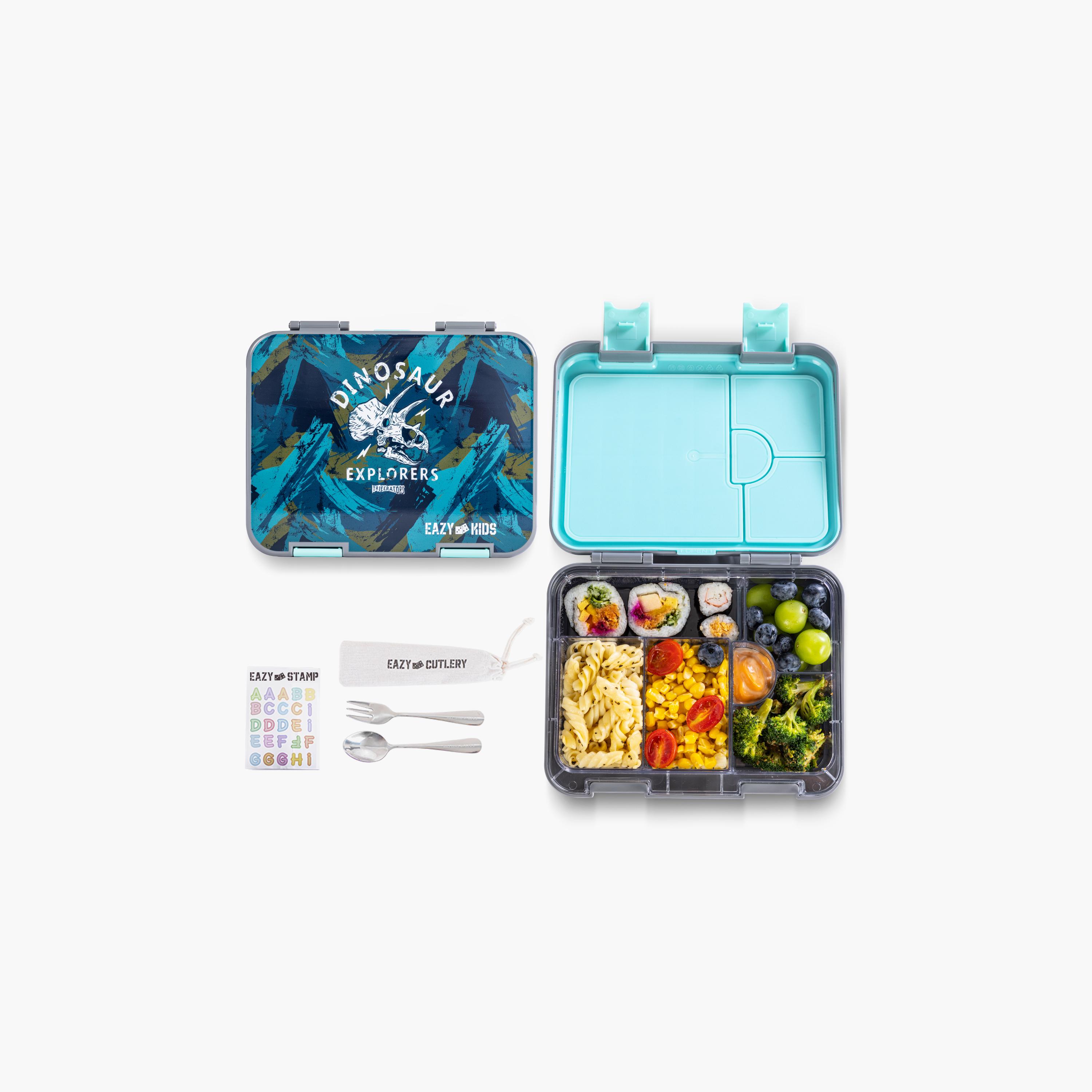 Eazy Kids 6 & 4 Convertible Bento Lunch Box with Accessories - 1160 ml - T-Rex - Grey-school-lunchessentials-lunchboxes-image-1