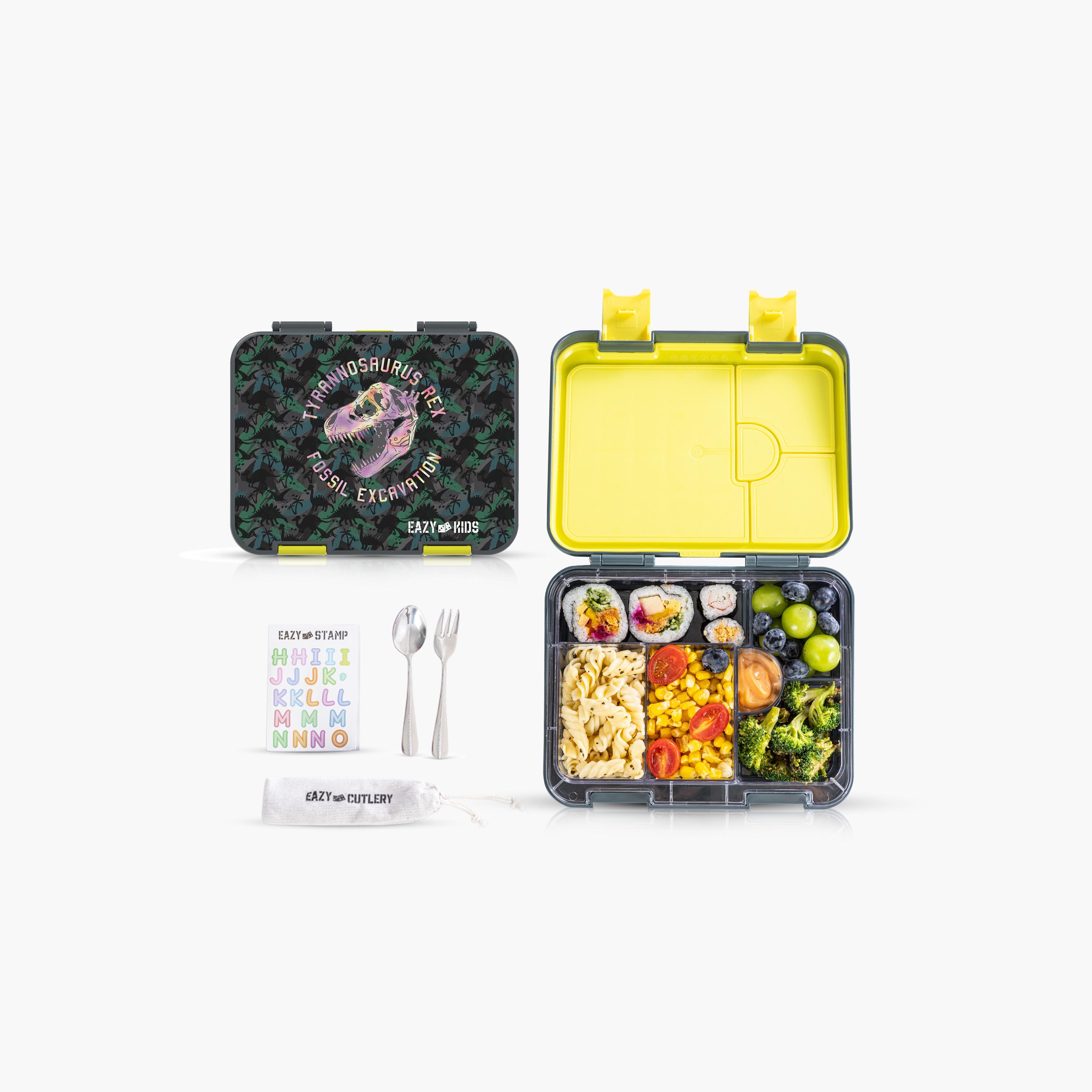 Eazy Kids 6 & 4 Convertible Bento Lunch Box with Accessories - 1160 ml - T-Rex Dino - Grey-school-lunchessentials-lunchboxes-image-1