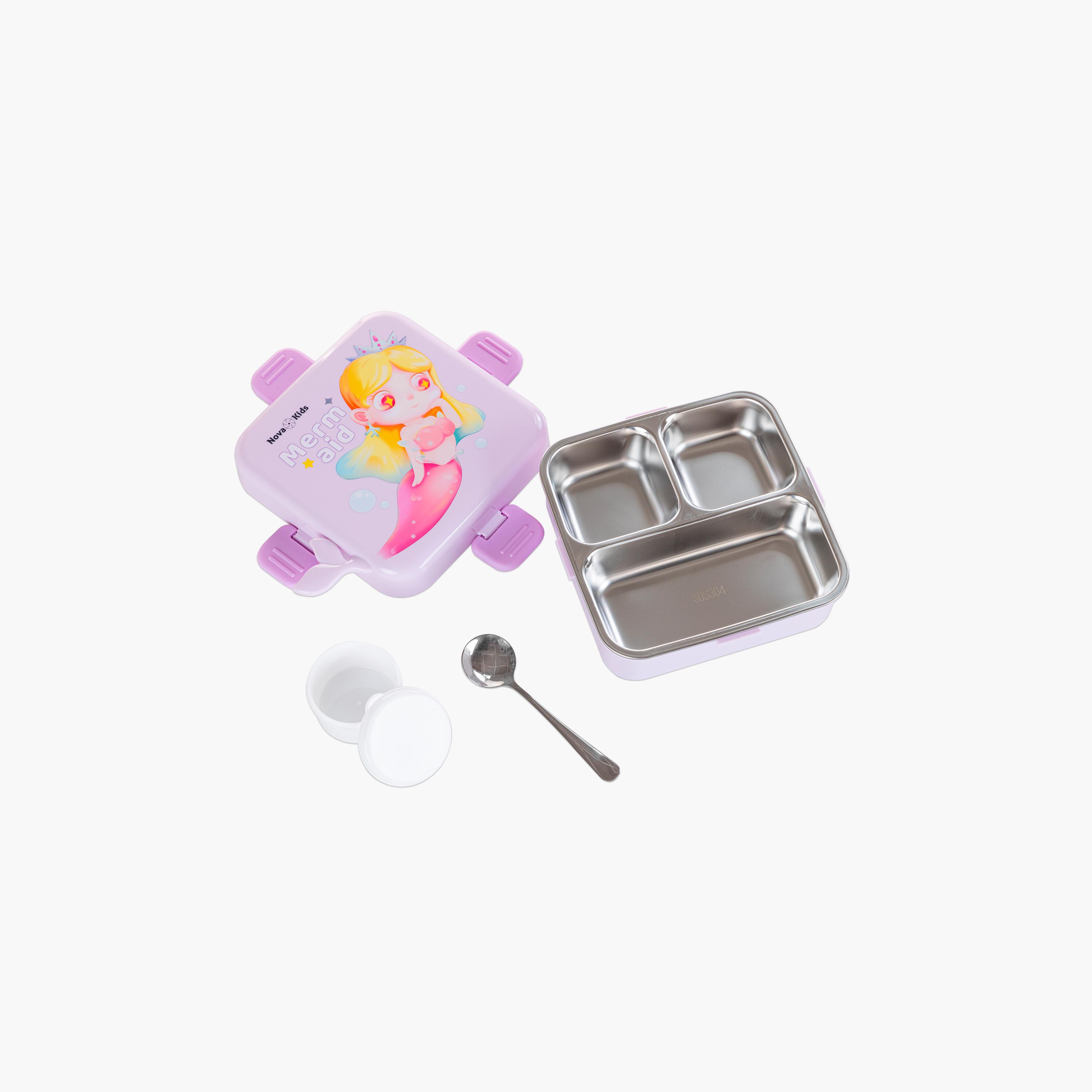 Nova Kids 3-Compartment Steel Bento Lunch Box with Spoon & Sauce Box - 1590 ml - Mermaid - Purple-school-lunchessentials-lunchboxes-image-1