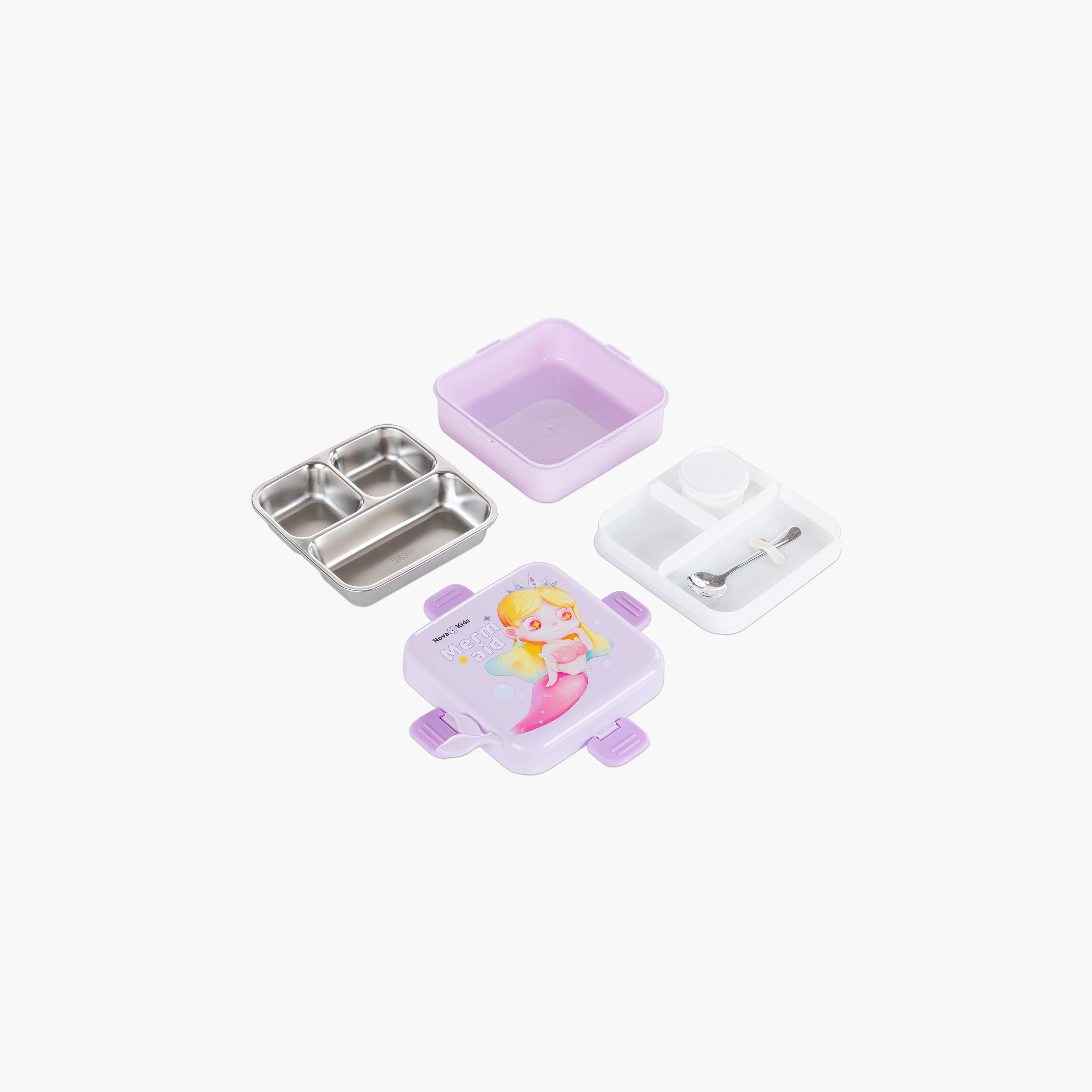 Nova Kids 3-Compartment Steel Bento Lunch Box with Spoon & Sauce Box - 1590 ml - Mermaid - Purple-school-lunchessentials-lunchboxes-image-5
