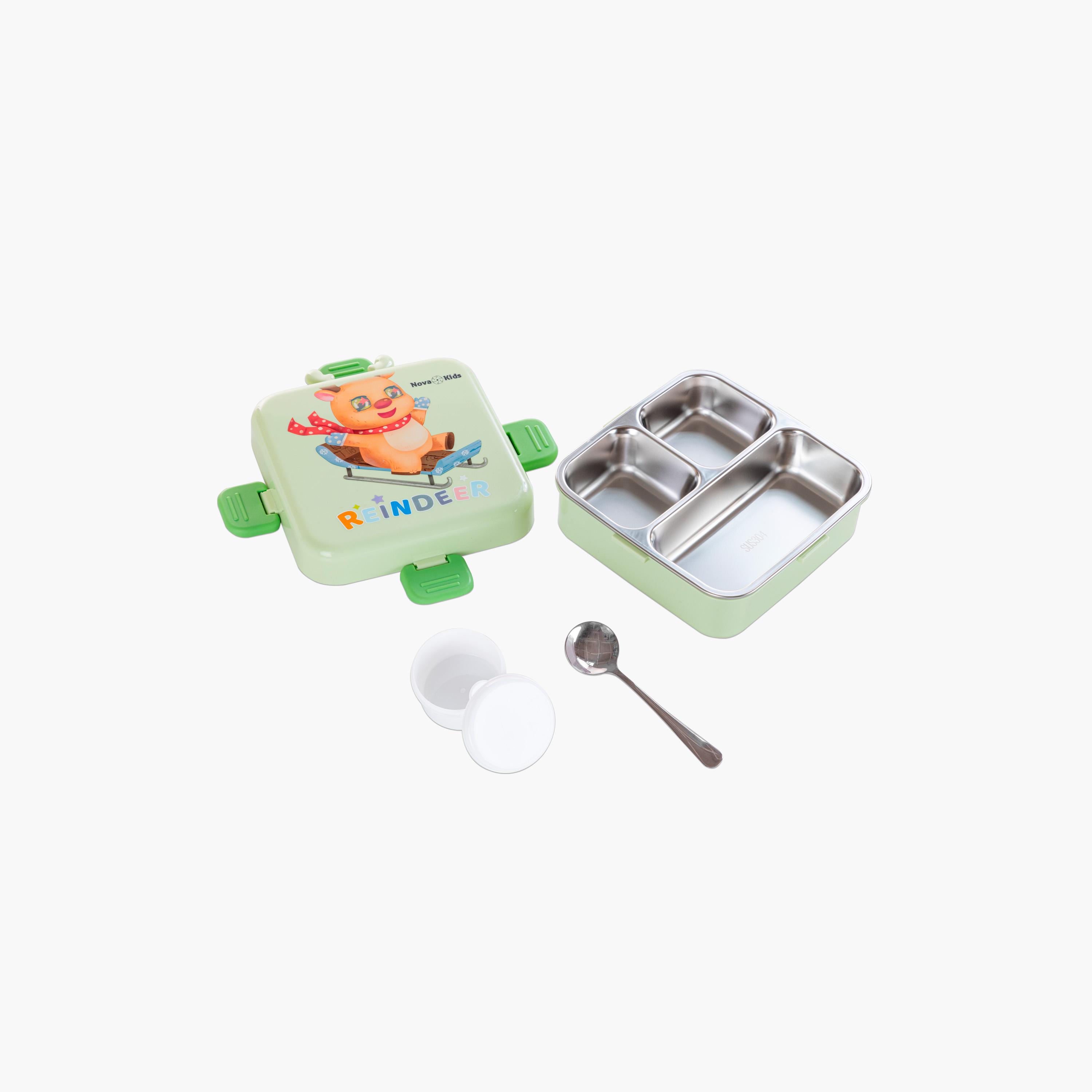 Nova Kids 3-Compartment Steel Bento Lunch Box with Spoon & Sauce Box - 1590 ml - Reindeer - Green-school-lunchessentials-lunchboxes-image-1