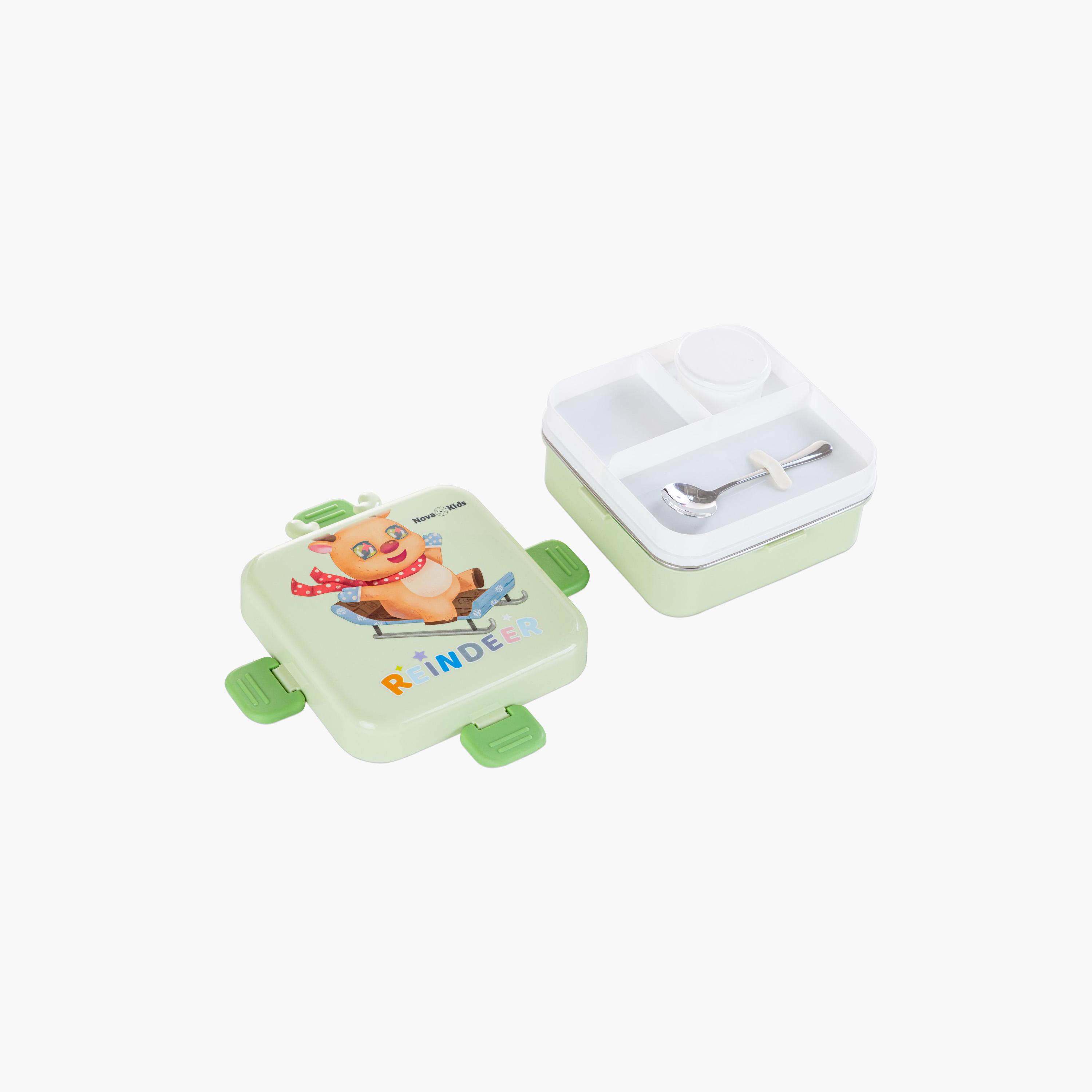Nova Kids 3-Compartment Steel Bento Lunch Box with Spoon & Sauce Box - 1590 ml - Reindeer - Green-school-lunchessentials-lunchboxes-image-2