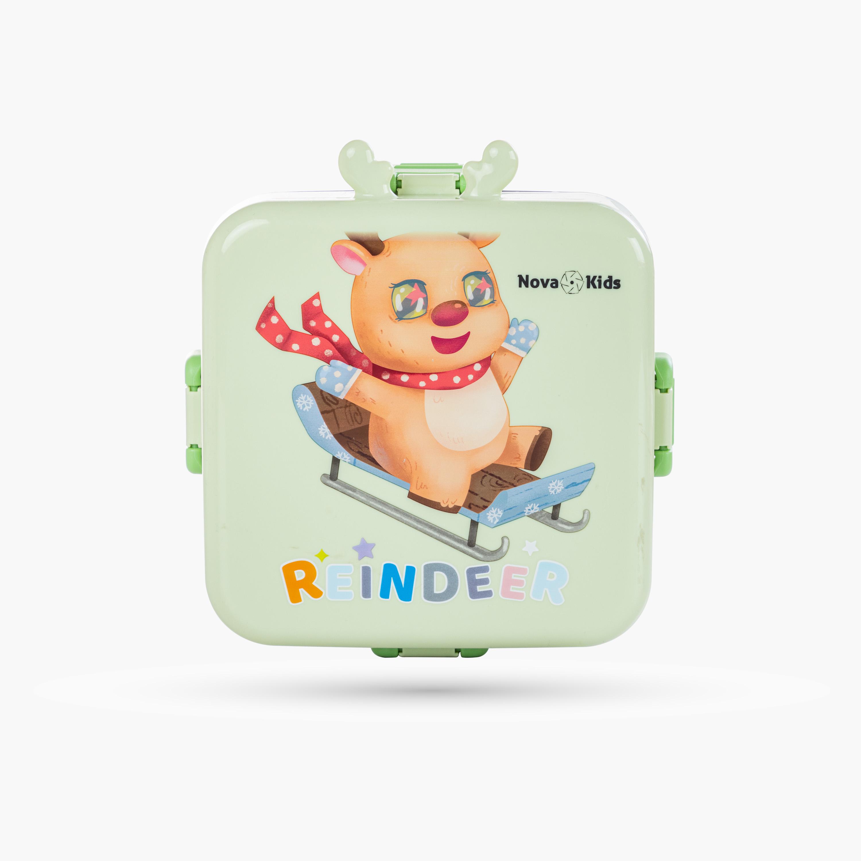 Nova Kids 3-Compartment Steel Bento Lunch Box with Spoon & Sauce Box - 1590 ml - Reindeer - Green-school-lunchessentials-lunchboxes-image-4