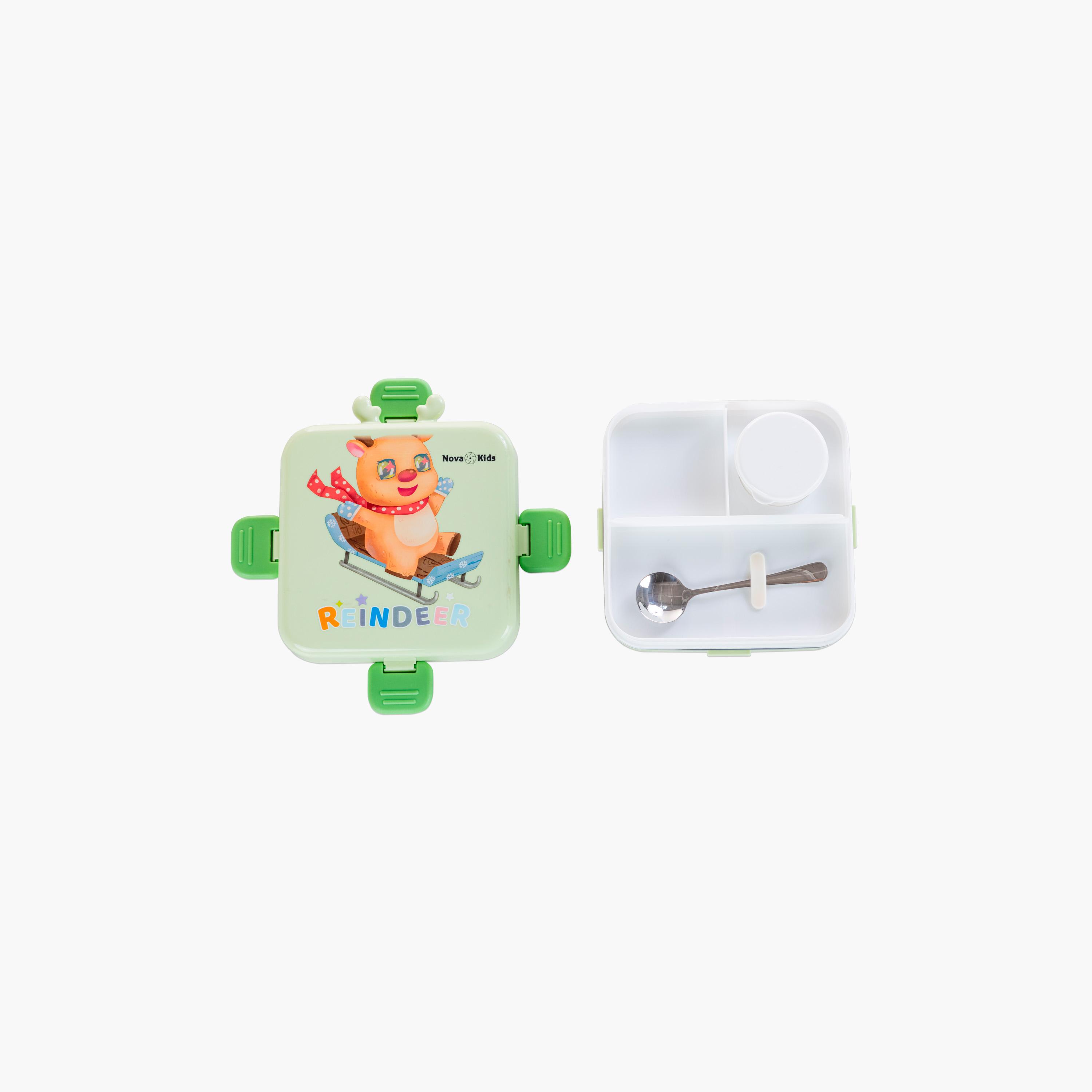 Nova Kids 3-Compartment Steel Bento Lunch Box with Spoon & Sauce Box - 1590 ml - Reindeer - Green-school-lunchessentials-lunchboxes-image-5