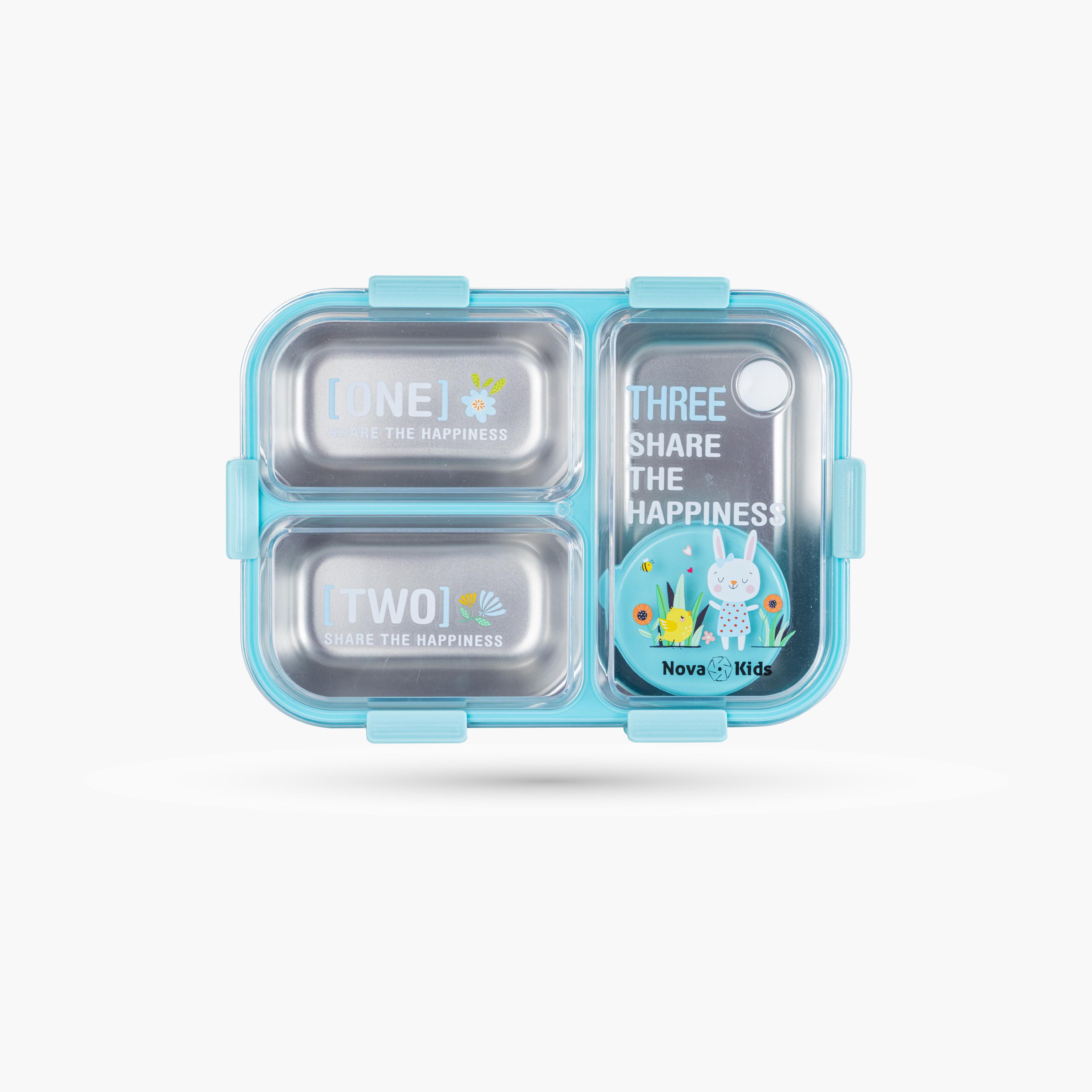Nova Kids 3-Compartment Stainless Steel Bento Lunch Box with Spoon & Fork Set - 800 ml - Blue-school-lunchessentials-lunchboxes-image-1