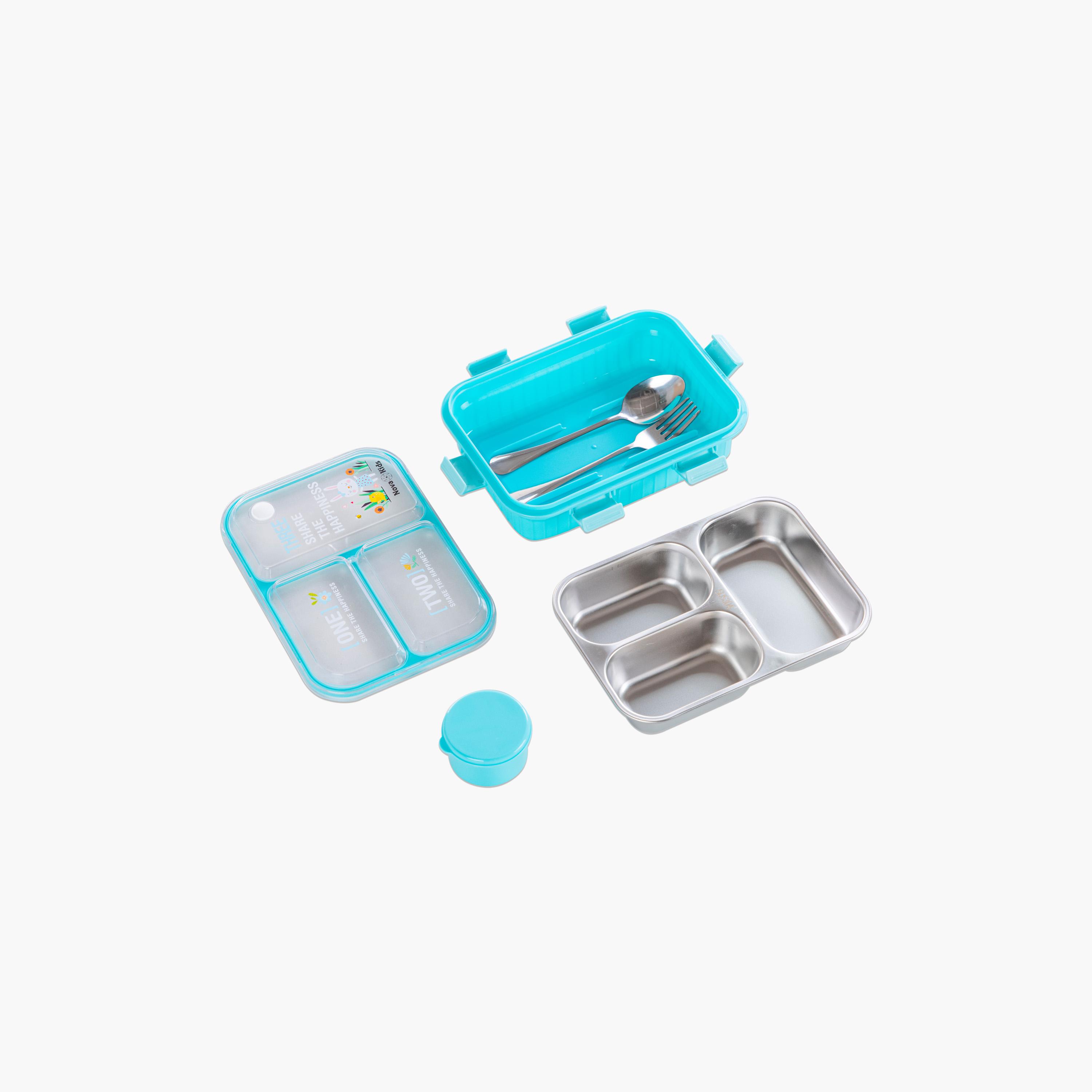 Nova Kids 3-Compartment Stainless Steel Bento Lunch Box with Spoon & Fork Set - 800 ml - Blue-school-lunchessentials-lunchboxes-image-2