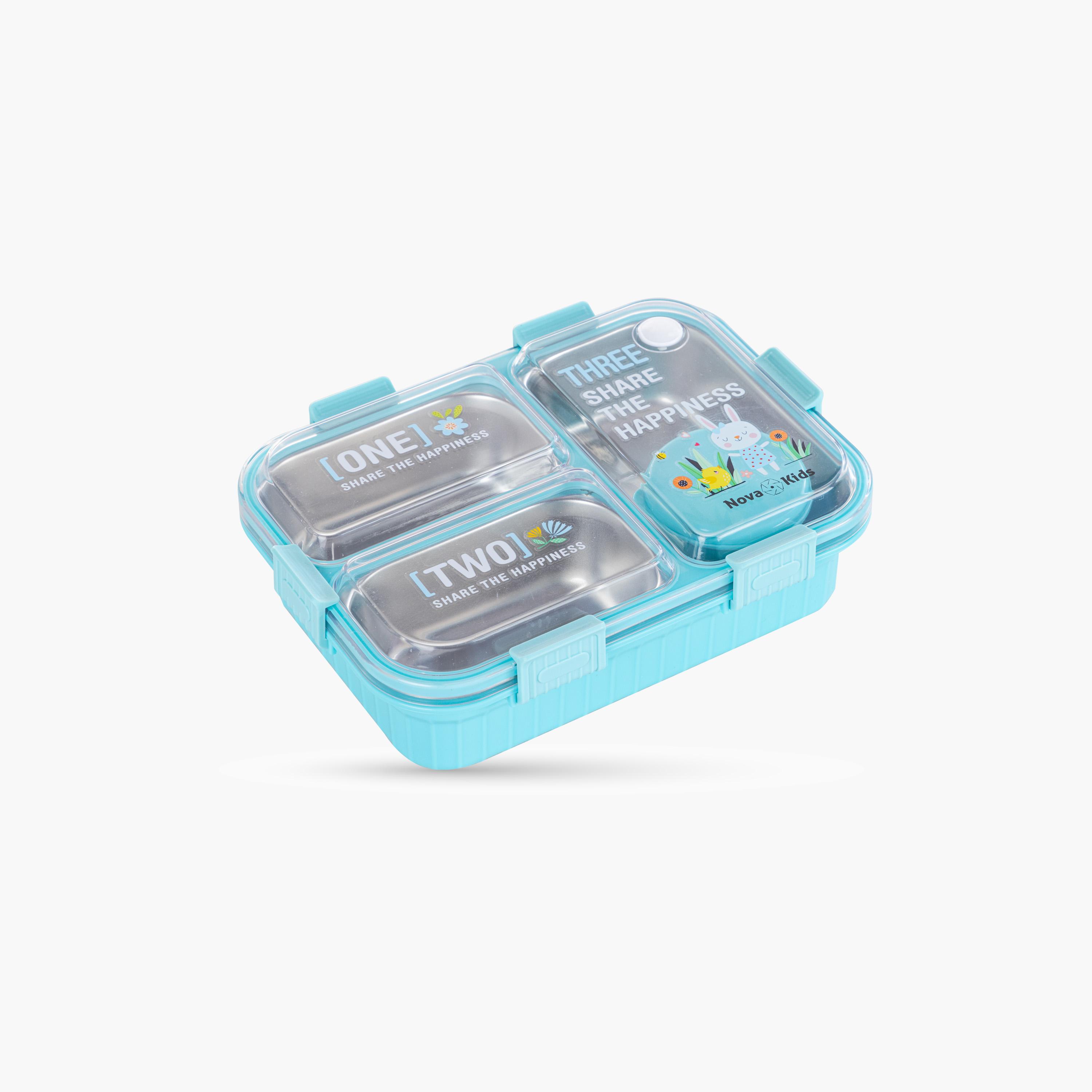 Nova Kids 3-Compartment Stainless Steel Bento Lunch Box with Spoon & Fork Set - 800 ml - Blue-school-lunchessentials-lunchboxes-image-3