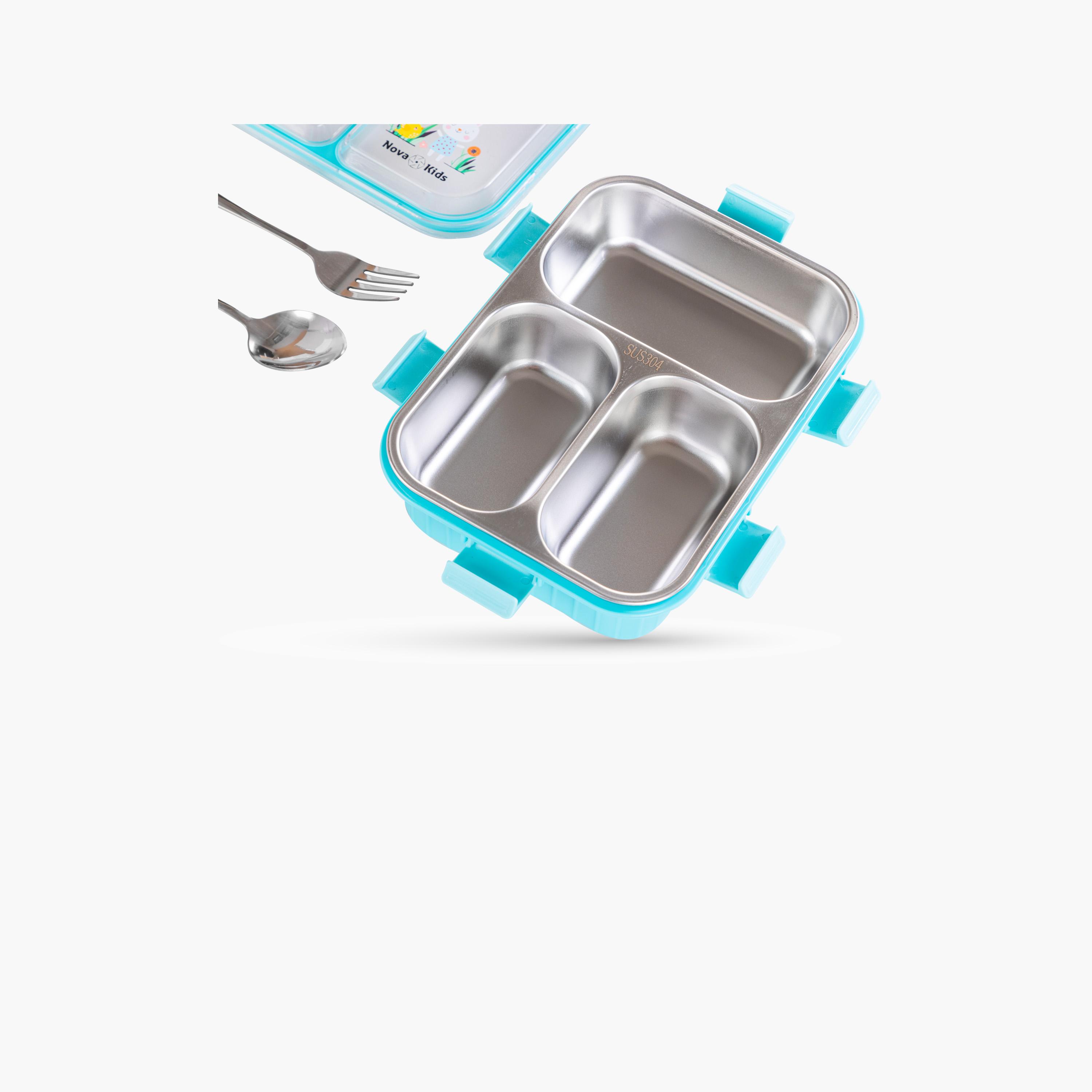 Nova Kids 3-Compartment Stainless Steel Bento Lunch Box with Spoon & Fork Set - 800 ml - Blue-school-lunchessentials-lunchboxes-image-4