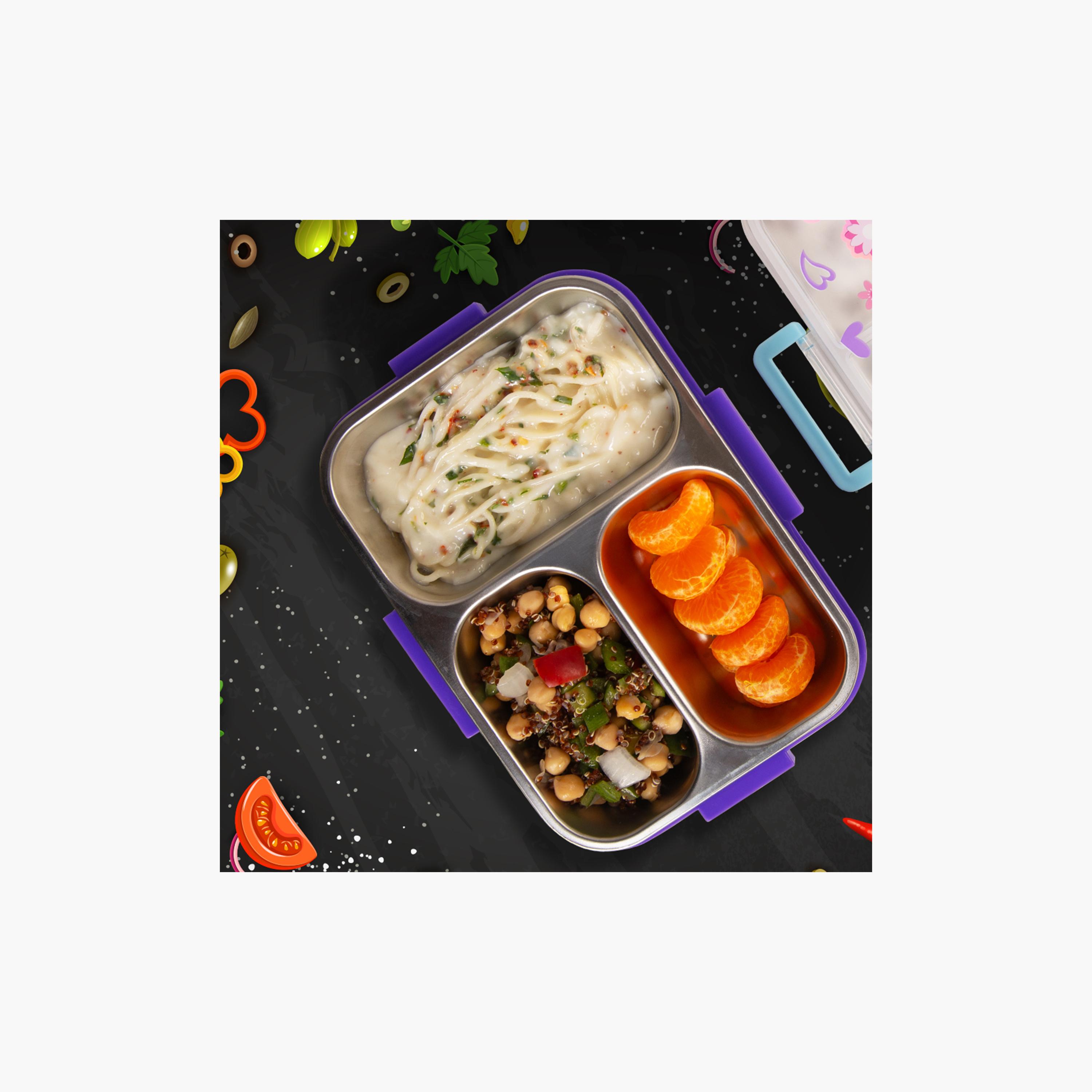 Eazy Kids 3-Compartment Stainless Steel Bento Lunch Box - 800 ml - Floral - Purple-school-lunchessentials-lunchboxes-image-2