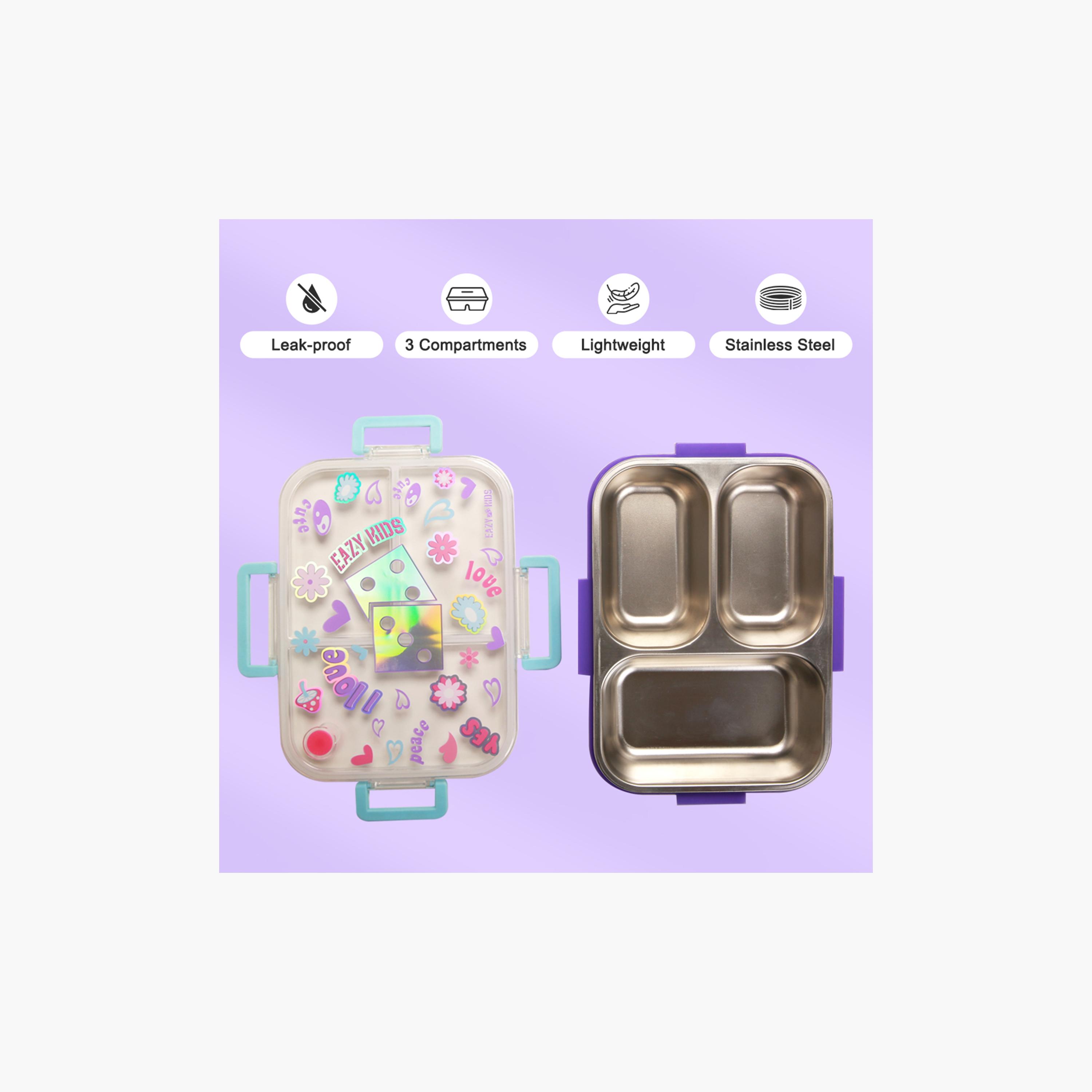 Eazy Kids 3-Compartment Stainless Steel Bento Lunch Box - 800 ml - Floral - Purple-school-lunchessentials-lunchboxes-image-4