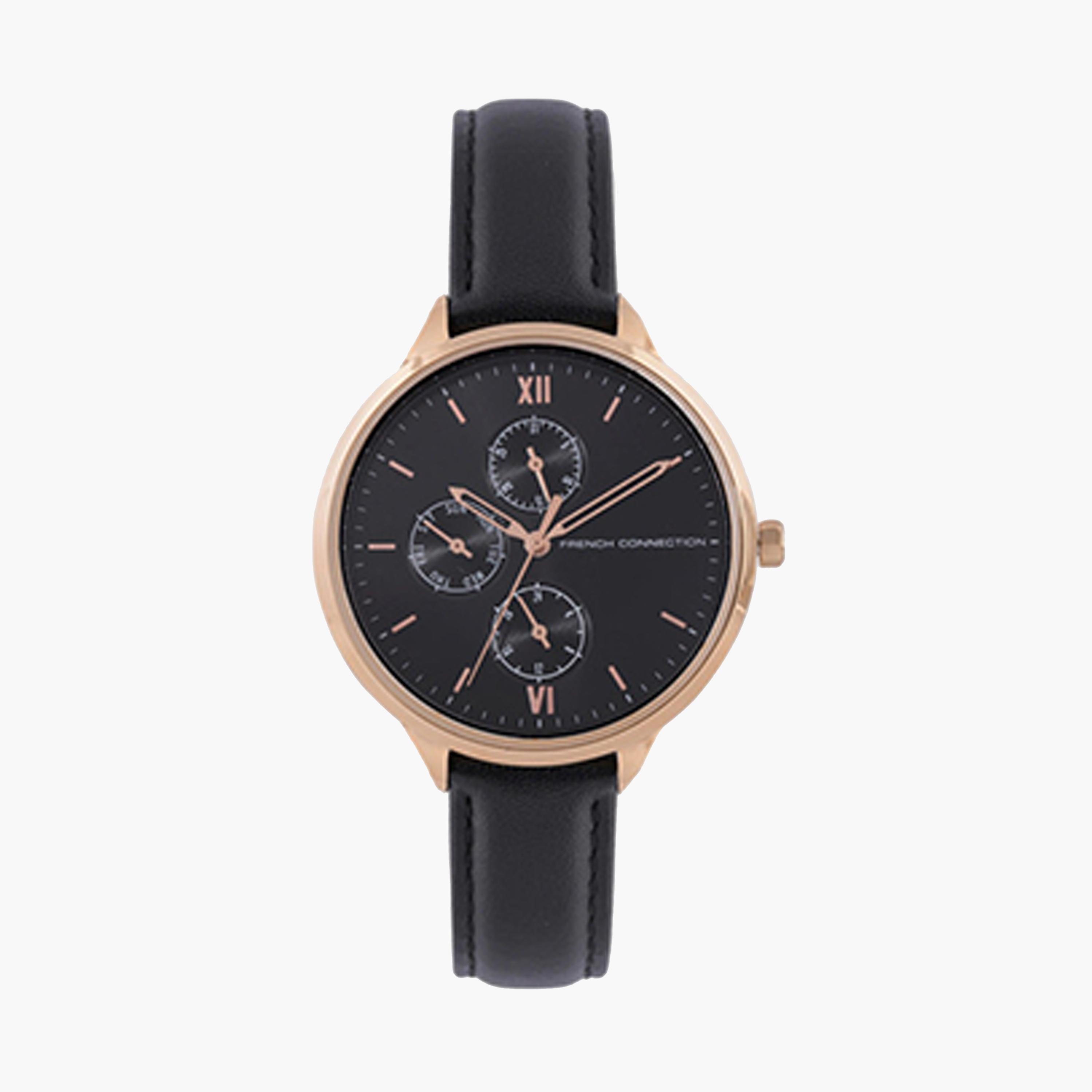 فرينش كونيكشن- ساعة كرونوغراف للنساء سوار جلدي  36.5مم لون أسود | FC149B-women-watchesandjewellery-watches-image-1