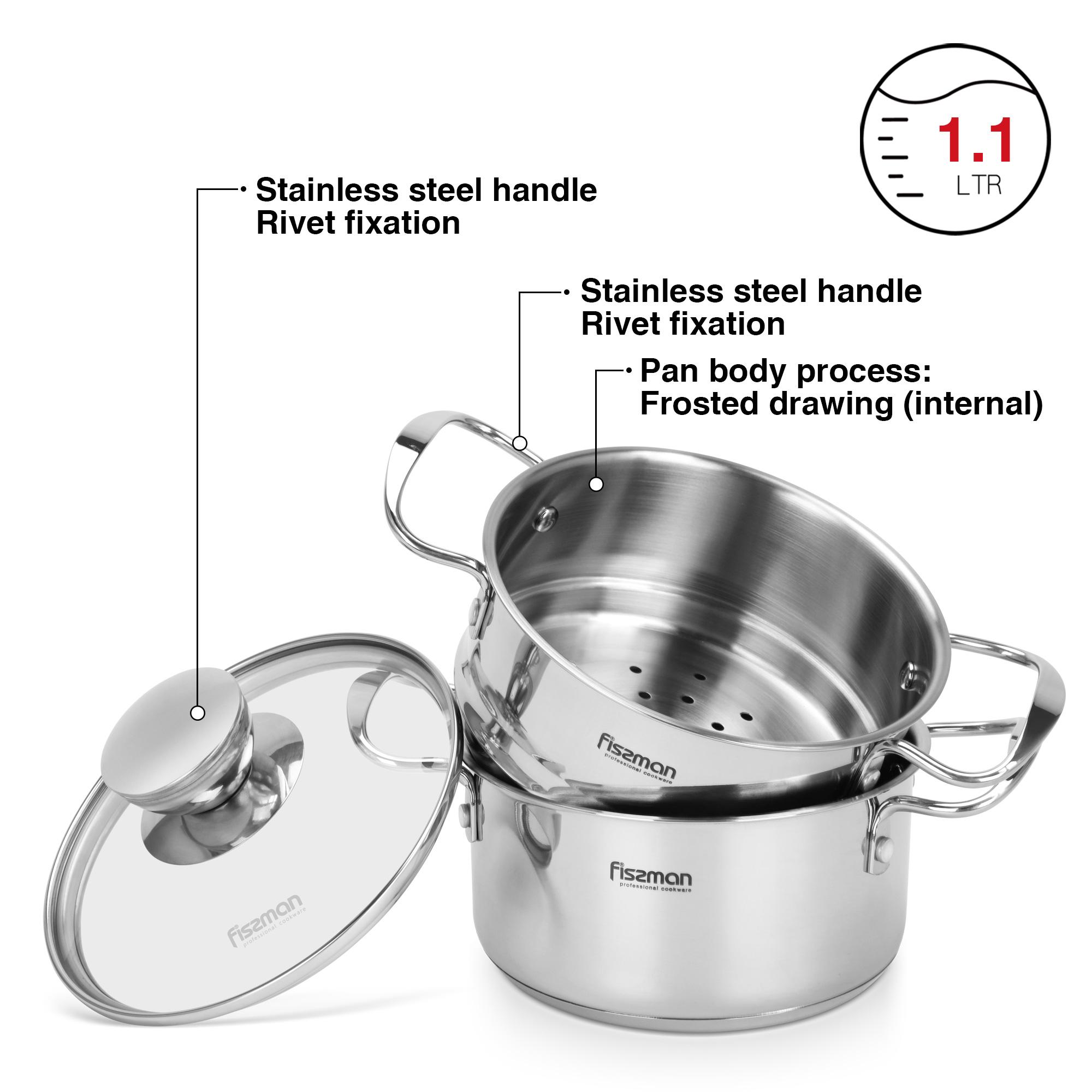 Fissman Stainless Steel Cooking Pot with Steamer Insert and Glass Lid - 1.1 L-household-kitchen-cookware-potsandpans-image-2