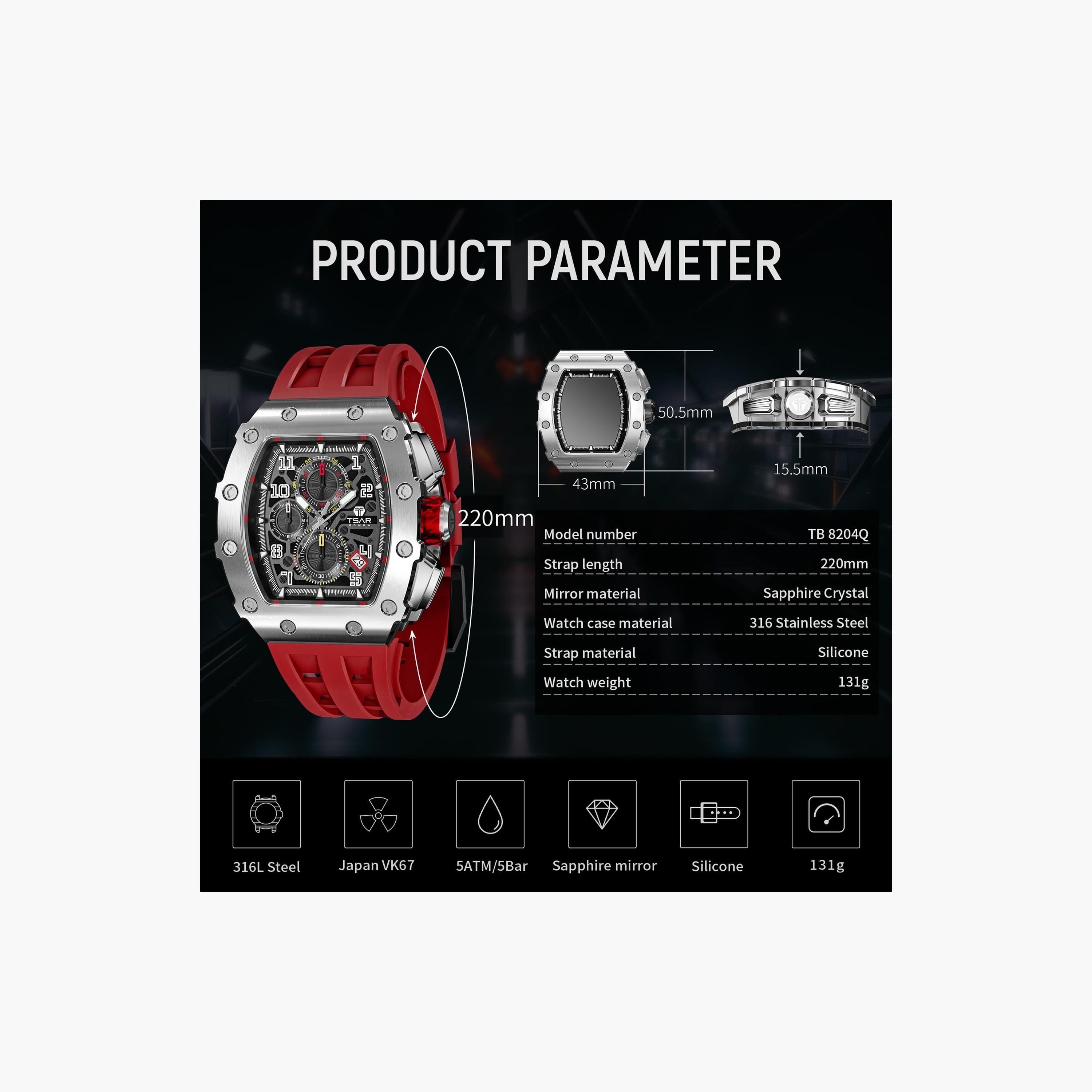 تسار بومبا - ساعة رجالية كرونوغراف من السيليكون - أحمر - 43 مم | TB8204Q-13-men-watchesandjewellery-watches-image-6
