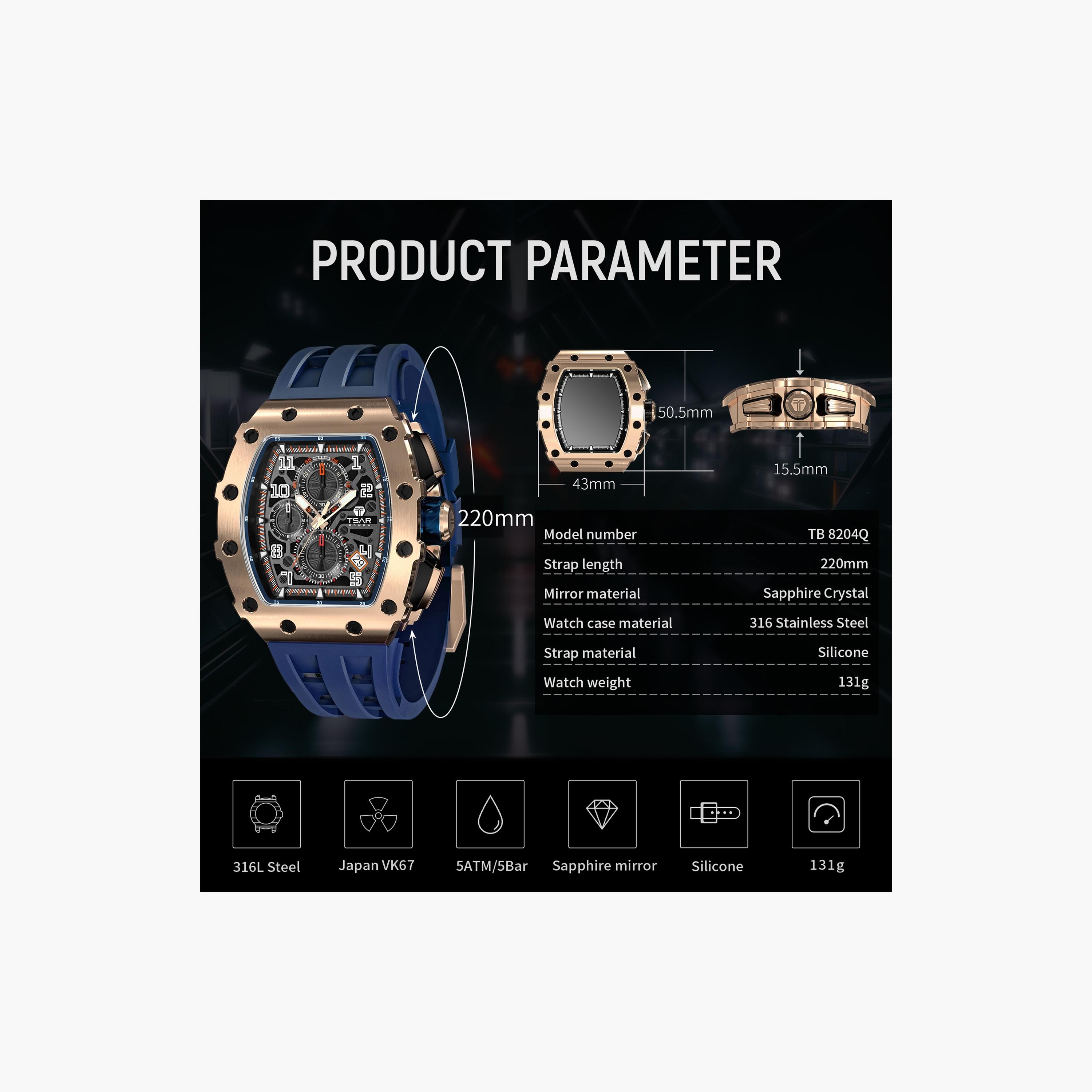 Tsar Bomba Men's 43MM Blue Chronograph Silicone Strap Watch | TB8204Q-05-men-watchesandjewellery-watches-image-6