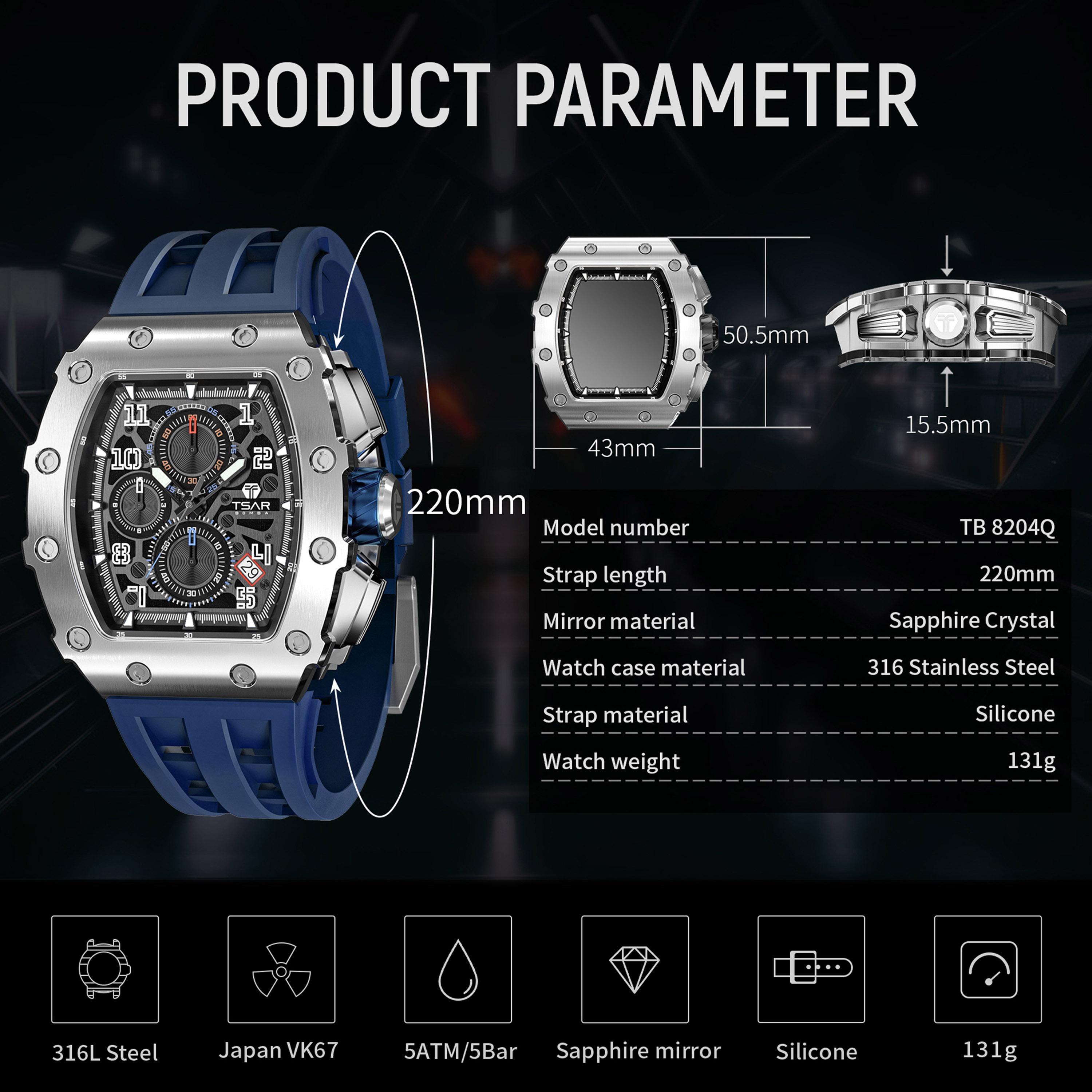 Tsar Bomba Men's 43MM Blue Chronograph Silicone Strap Watch | TB8204Q-14-men-watchesandjewellery-watches-image-6