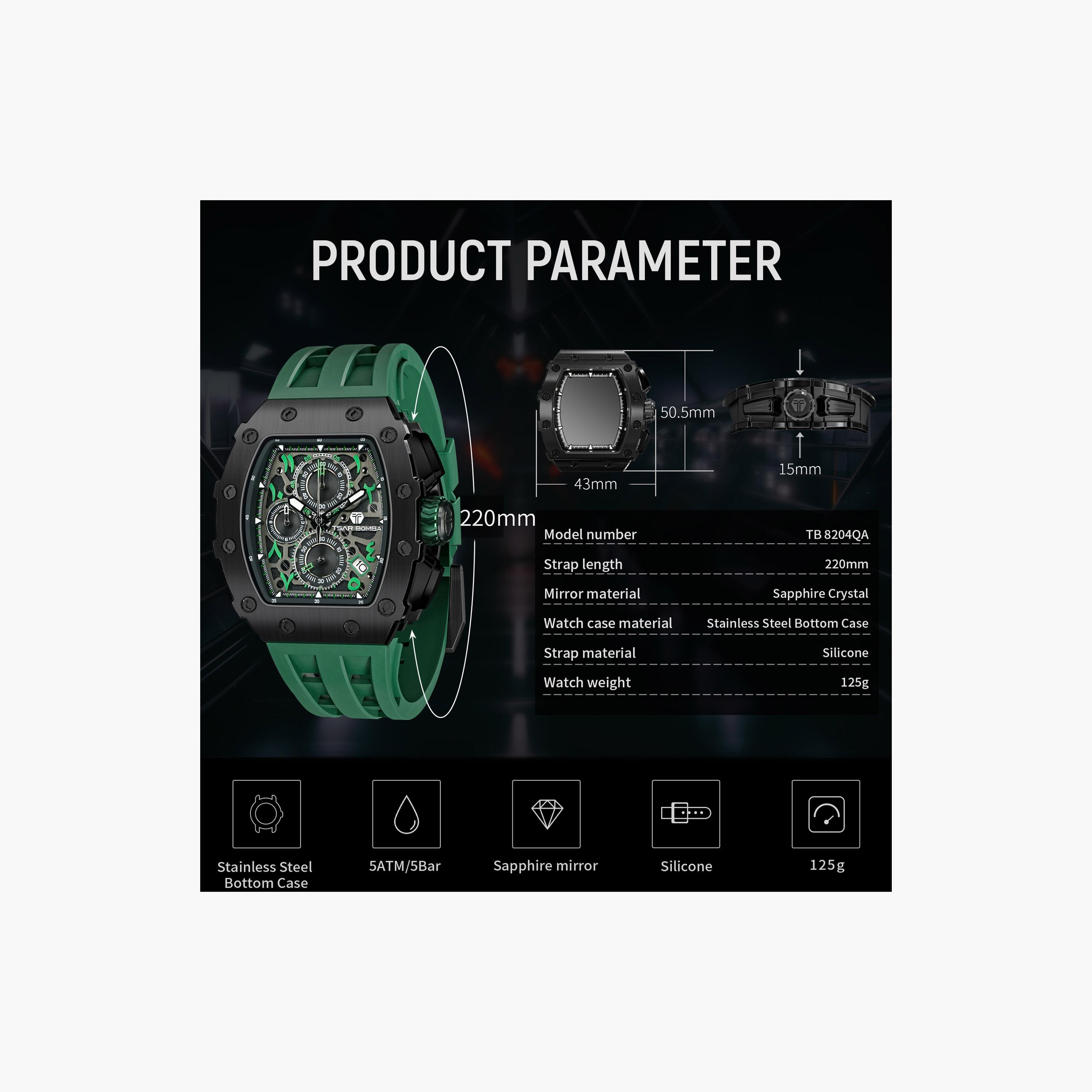 Tsar Bomba Men's 43MM Green Chronograph Silicone Strap Watch | TB8204QA-06-men-watchesandjewellery-watches-image-6