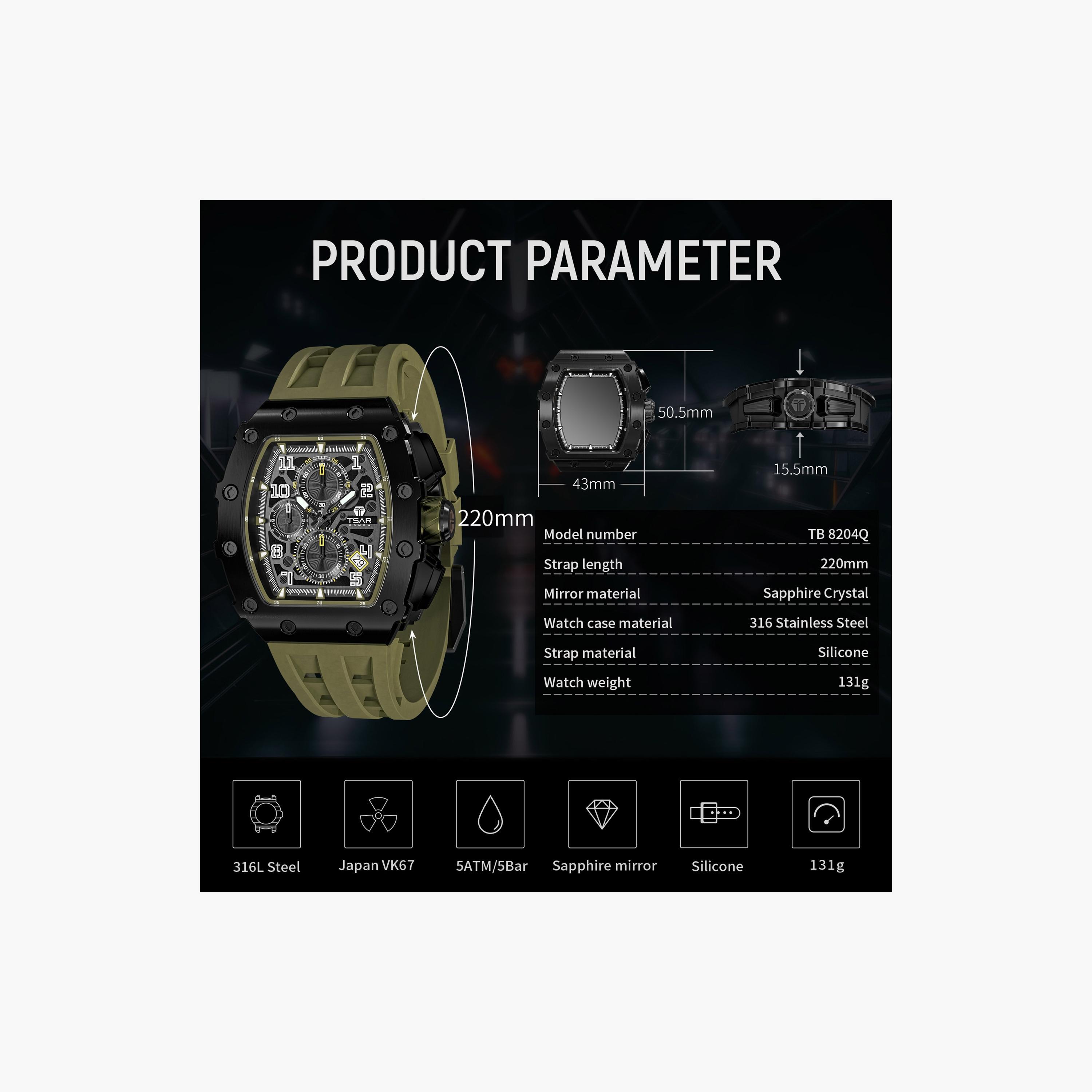 Tsar Bomba Men's 43MM Green Chronograph Silicone Strap Watch | TB8204Q-38-men-watchesandjewellery-watches-image-6